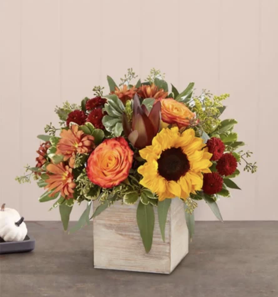 Harvest Glow -  The color and charm of an autumn country harvest inspired our farmhouse-style bouquet. A loose, natural gathering of blooms in vibrant shades of red, orange and yellow creates the perfect complement to our rustic, grey-washed wooden cube. With its soft tones and natural textures, it’s an ideal container for flowers and plants, adding warm and coziness to any fall décor.