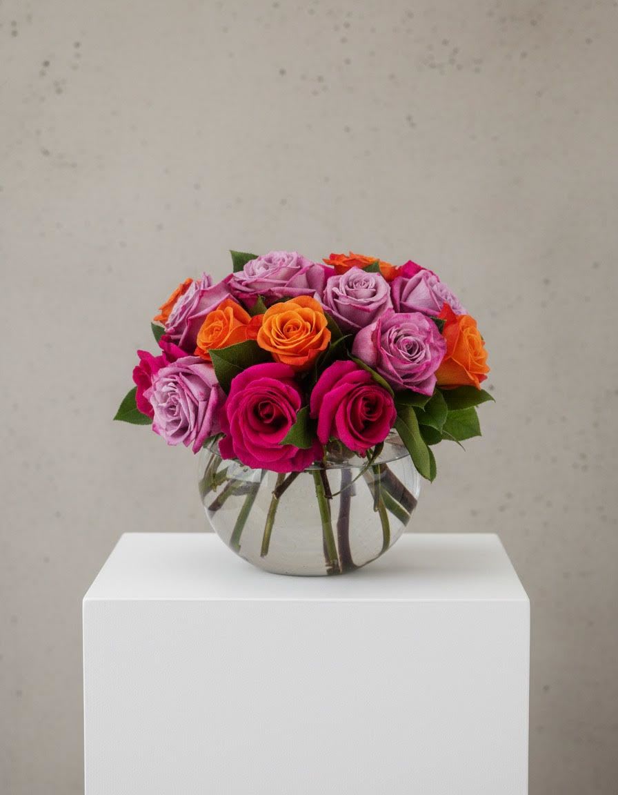 Colorful Daybreak  - A lovely bowl of colorful roses is the perfect way to brighten any room—and any relationship! Bursting with vibrant hues, this cheerful arrangement brings warmth and positivity, making it an ideal gift for Valentine's Day. Whether you're expressing your love for a significant other, showing appreciation to a friend, or celebrating your mom, these stunning roses convey heartfelt sentiments. The enchanting fragrance and eye-catching colors not only uplift the atmosphere but also create a lasting impression. This charming gift is sure to be cherished by anyone who receives it!  Approximate Dimensions: 11''D x 11''H