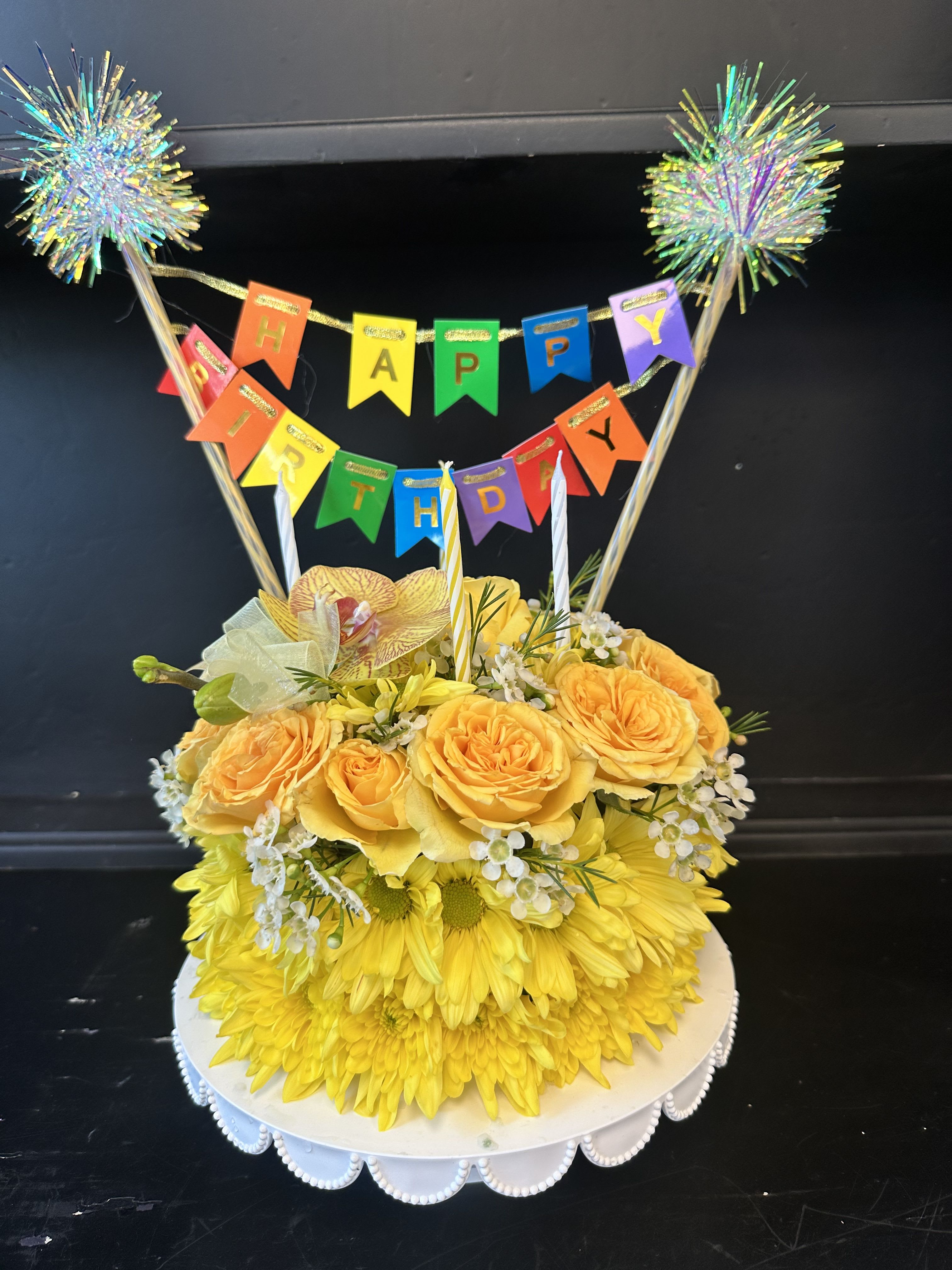 Birthday wishes yellow  - Say Happy Birthday with our Birthday wishes flower cake design with yellows flowers roses carnation daisy and baby’s breath perfect happy birthday gift