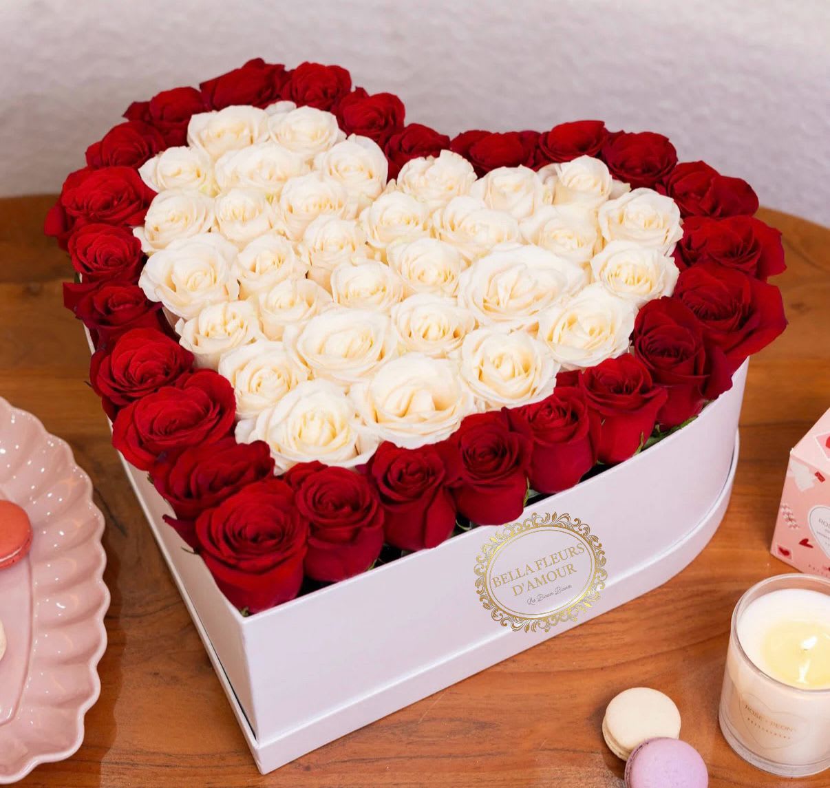 Luxury red and white rose heart box  - A luxury white heart box with red and white Ecuadorian roses elegantly arranged 