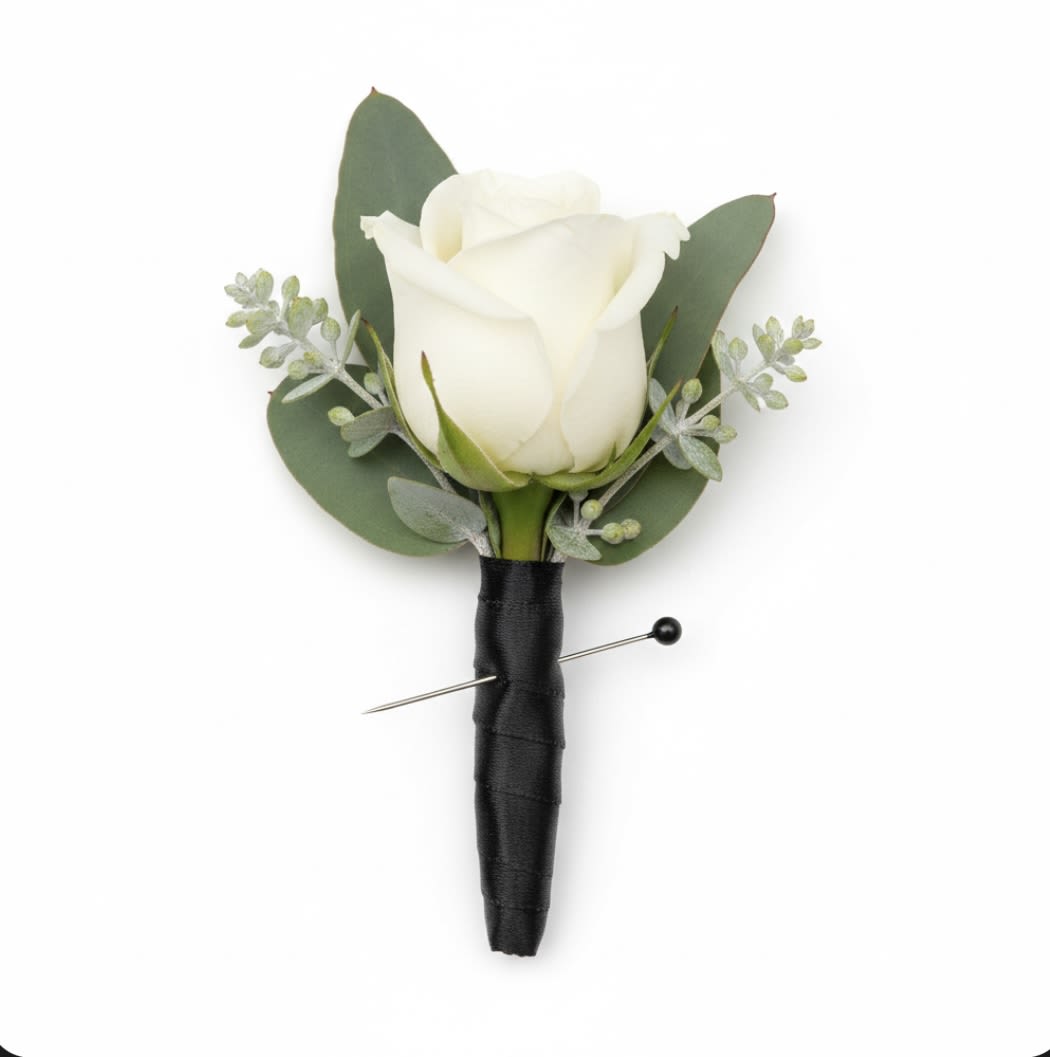 Boutonniere  - Classic single white rose boutonniere 