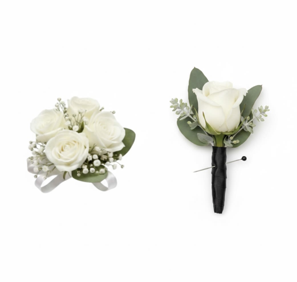 corsage and boutonniere combo  - matching corsage and boutonniere  white roses , fillers and green .. shown with white ribbon  . ( to customize ribbon color please specify ribbon color in special instructions )
