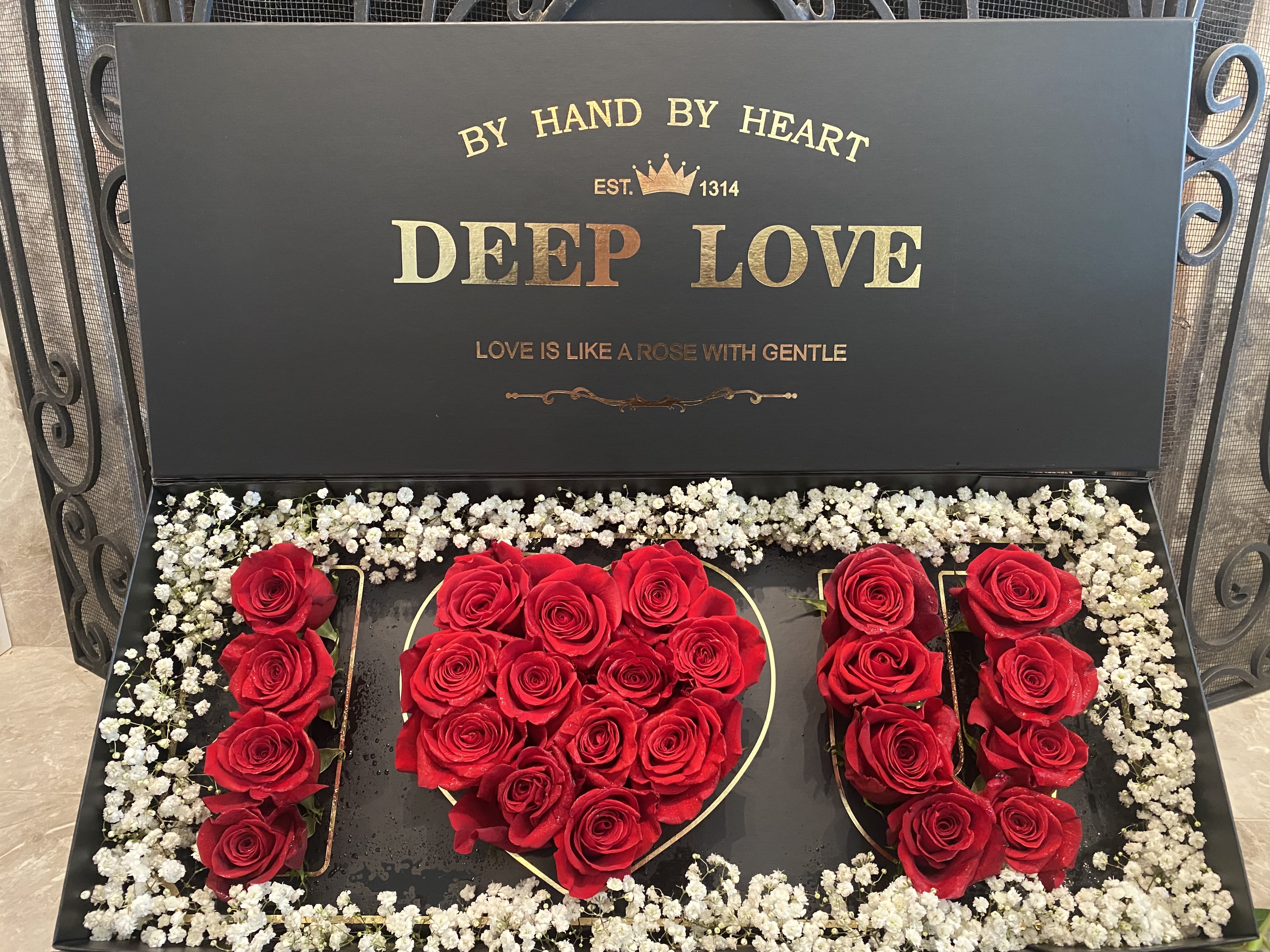 I Love You long Box  - Fresh  Cut 24 red roses With Baby Breathe 24'' L x 10''W x 4.5''H 