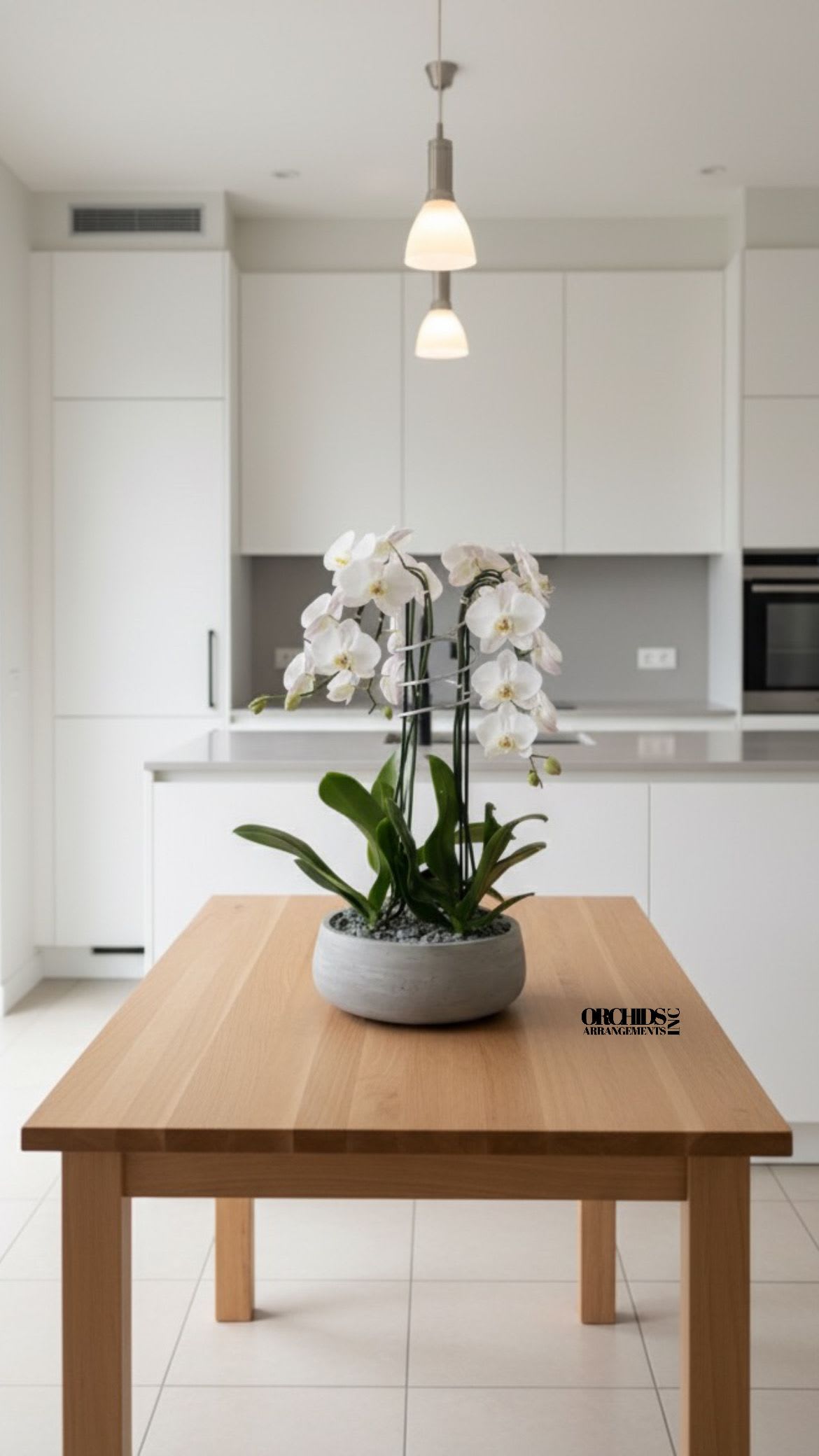Same Day Flowers White Orchid - A high quality Six white orchid arrangement with a vase 12.5" D X 5" T. An orchid arrangement flower deliver for any occasion design with fresh natural real beautiful Phalaenopsis cascade orchid plant minimalist decor.