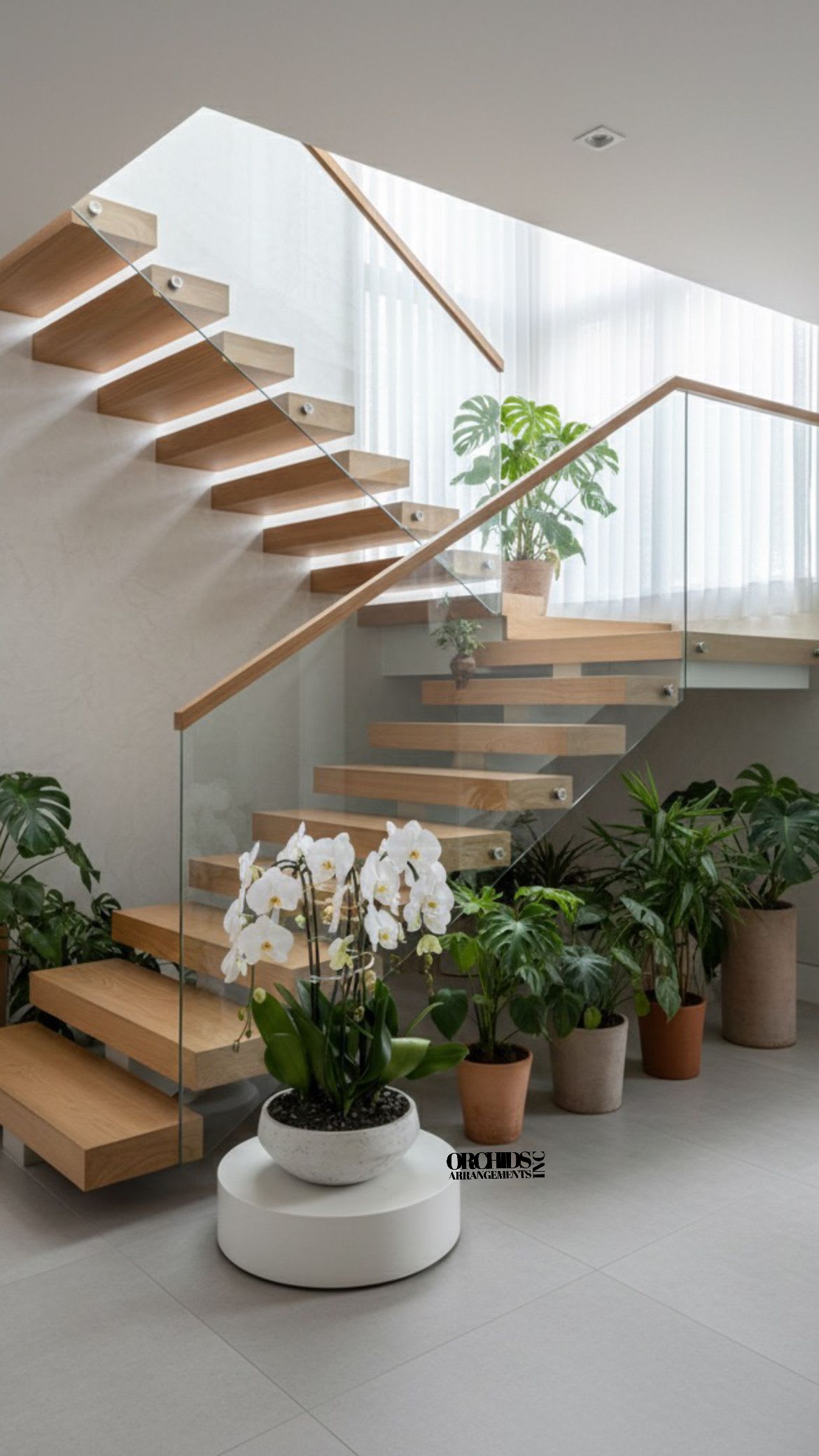 White Phalaenopsis Same Day Flower - A high quality Six white orchids arrangement with a vase 13" D X 4.5" T. An orchid arrangement flower deliver for any occasion design with fresh natural real beautiful Phalaenopsis cascade orchid plant minimalist decor.