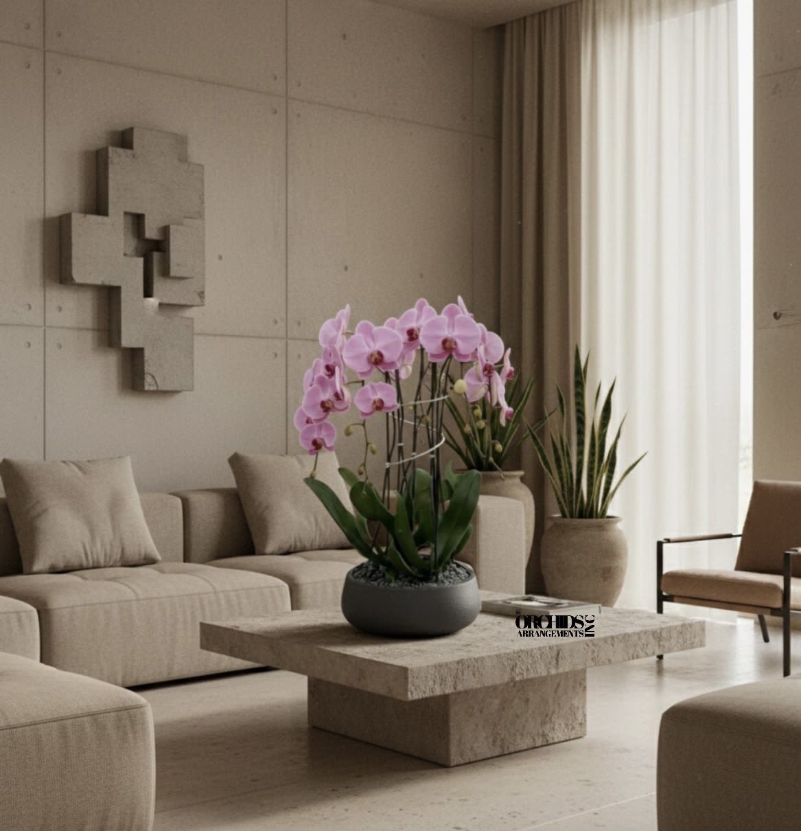 Phalaenopsis Pink Orchids Same Day - A high quality Five pink orchids arrangement with a vase 12.5" D X 5" T. An orchids arrangement deliver for any occasion design with fresh natural real beautiful Phalaenopsis cascade orchids plants.