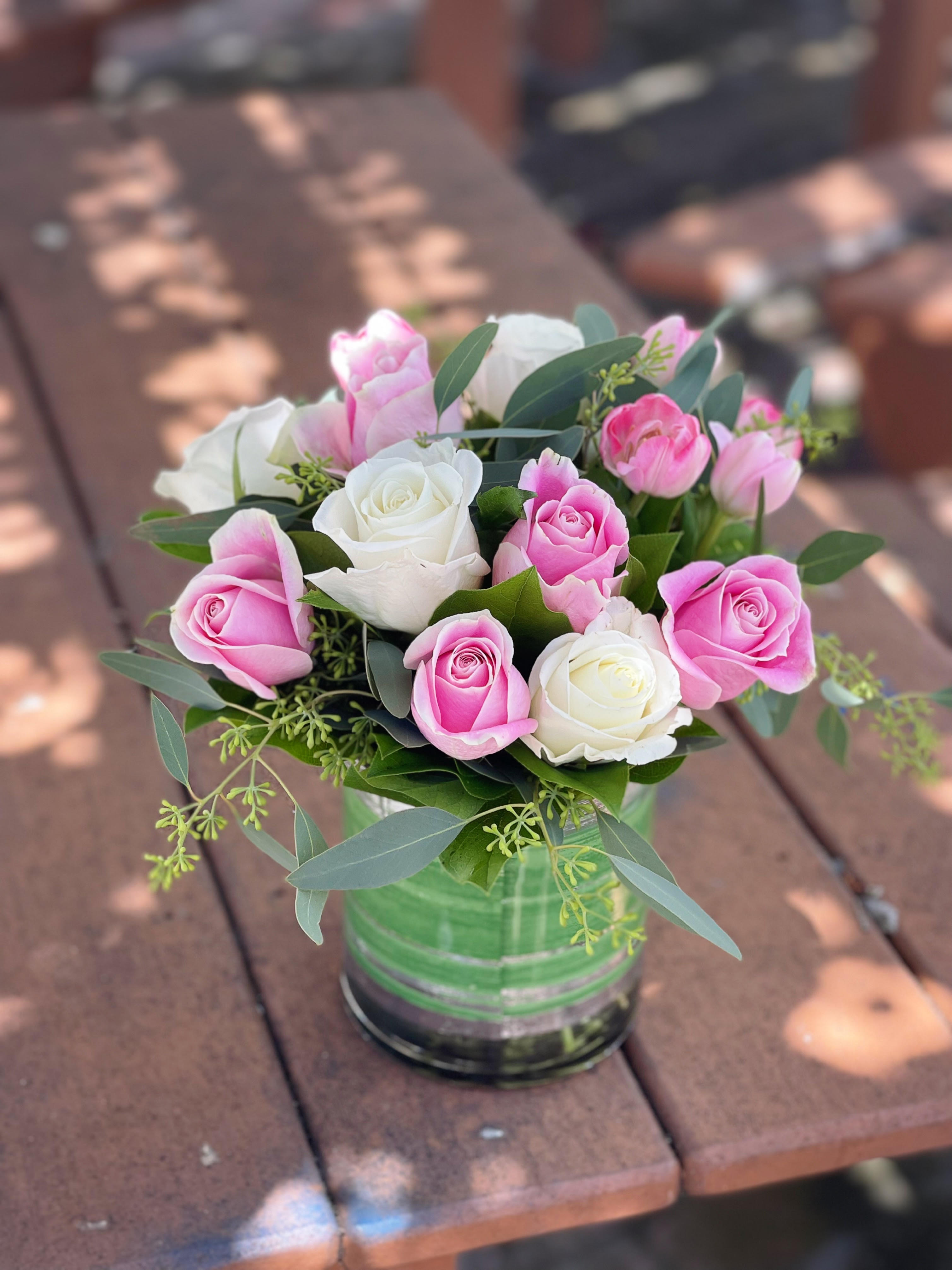 Whispers of Spring - - 4 Pink Roses - 4 White Roses - 4 Pink Tulips - 6x5 Inches Cylinder Glass Vase