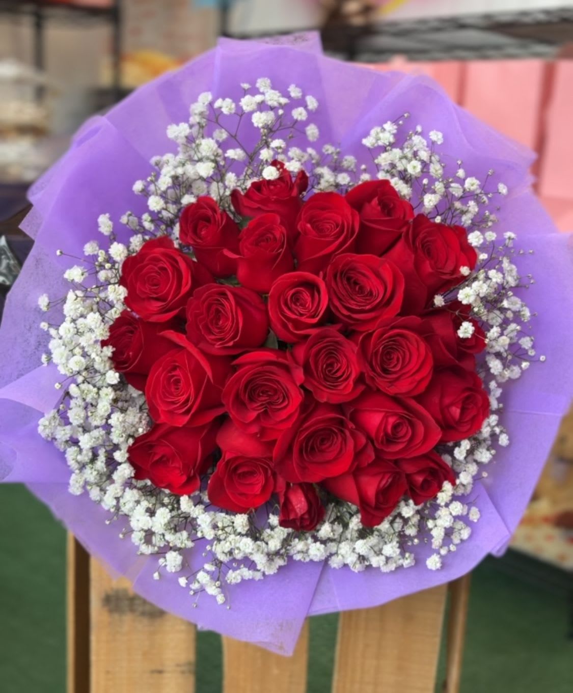 Buchon on Clouds - averages 30 mixed stems of  red roses with white gypsophillia surrounding the roses