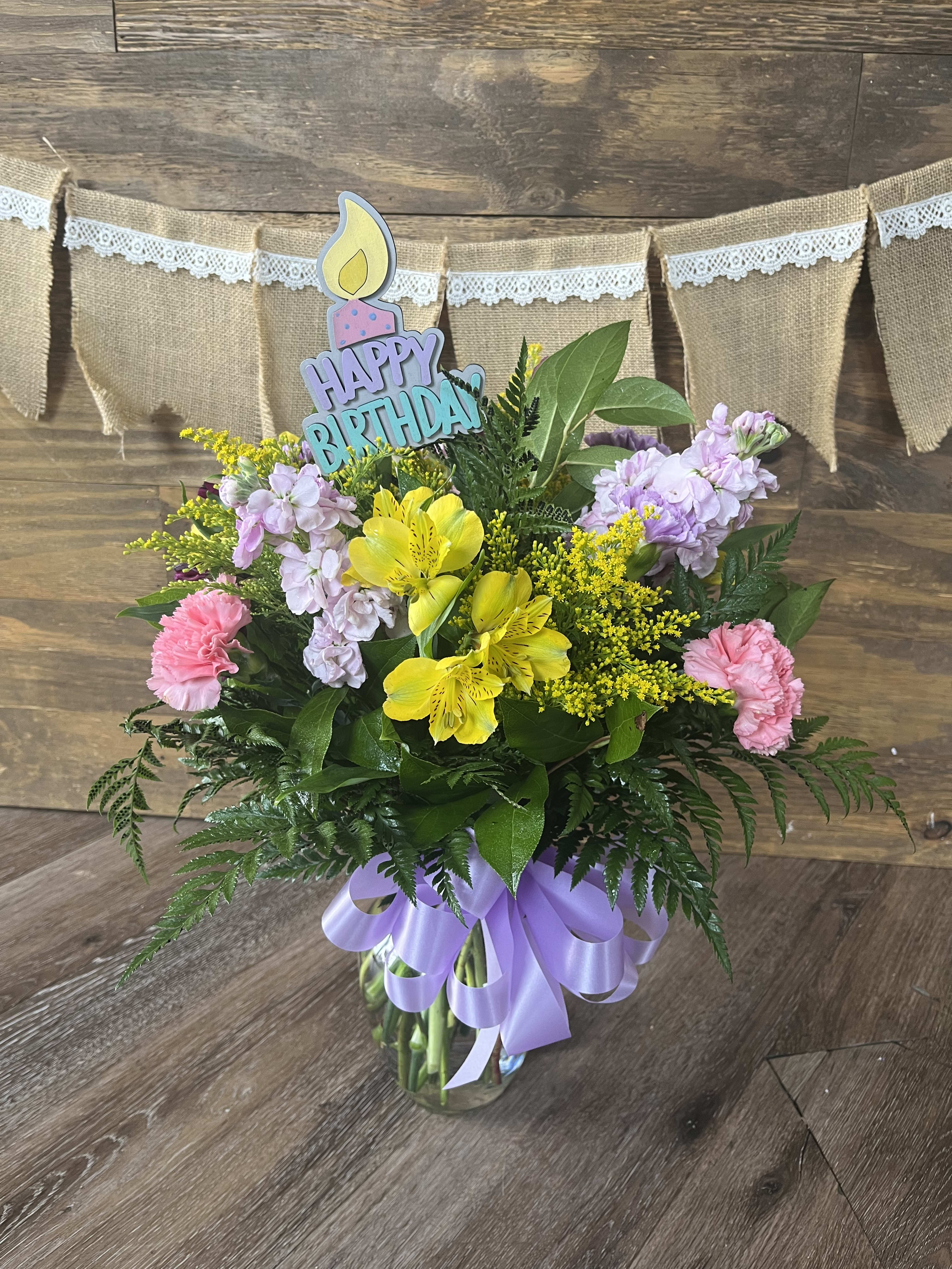Happy Birthday!  - Adorable, bright and cheery mix bouquet with a handmade Birthday pick! 