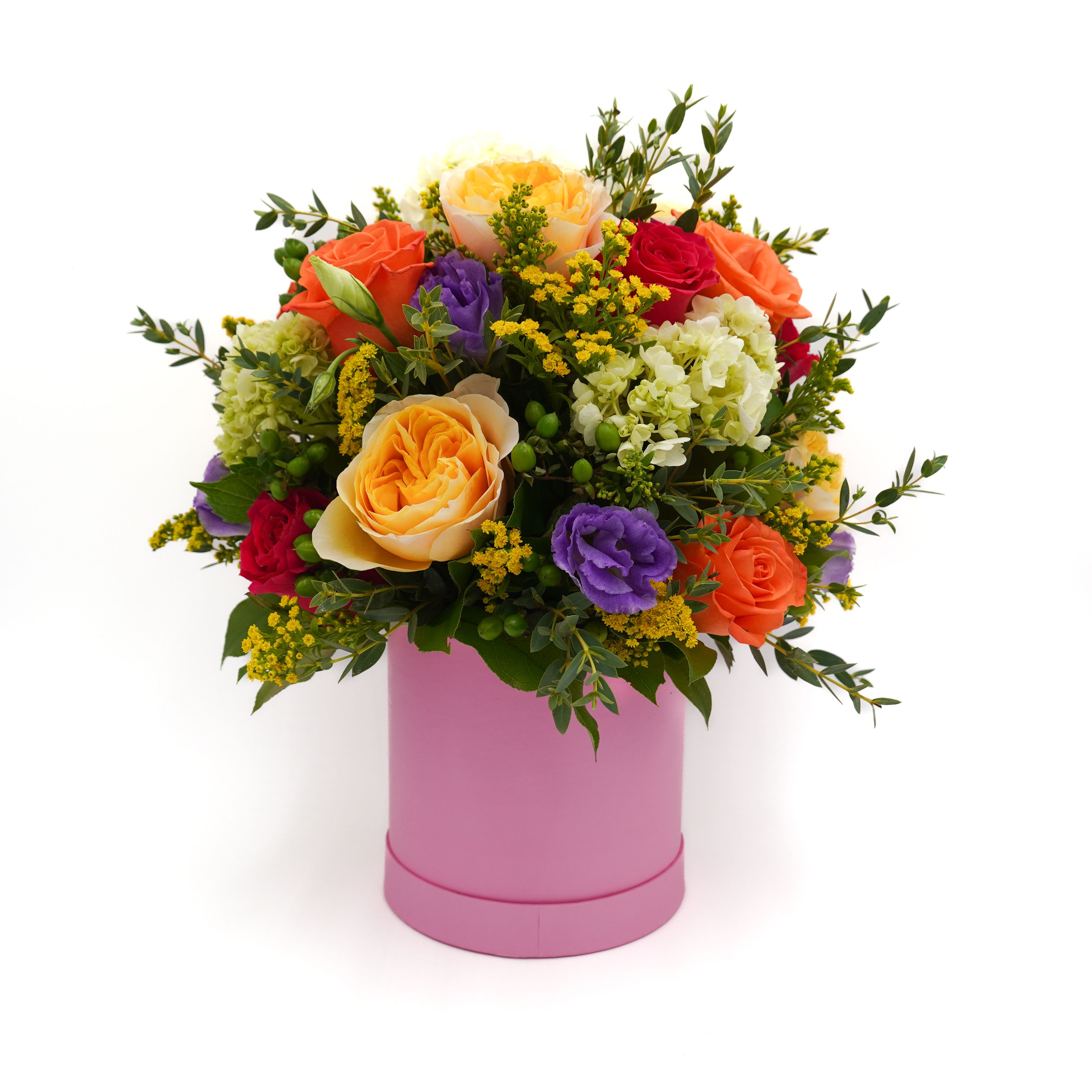 Wonderful Day by Atlanta's Finest Flowers - Orange Roses, Hot Pink Roses, Yellow Garden Roses, Hydrangea, Hypericum, Lisianthus, Yellow Aster, and Mix Geenery *Pink Box Material: Cardboard 7 x 7*