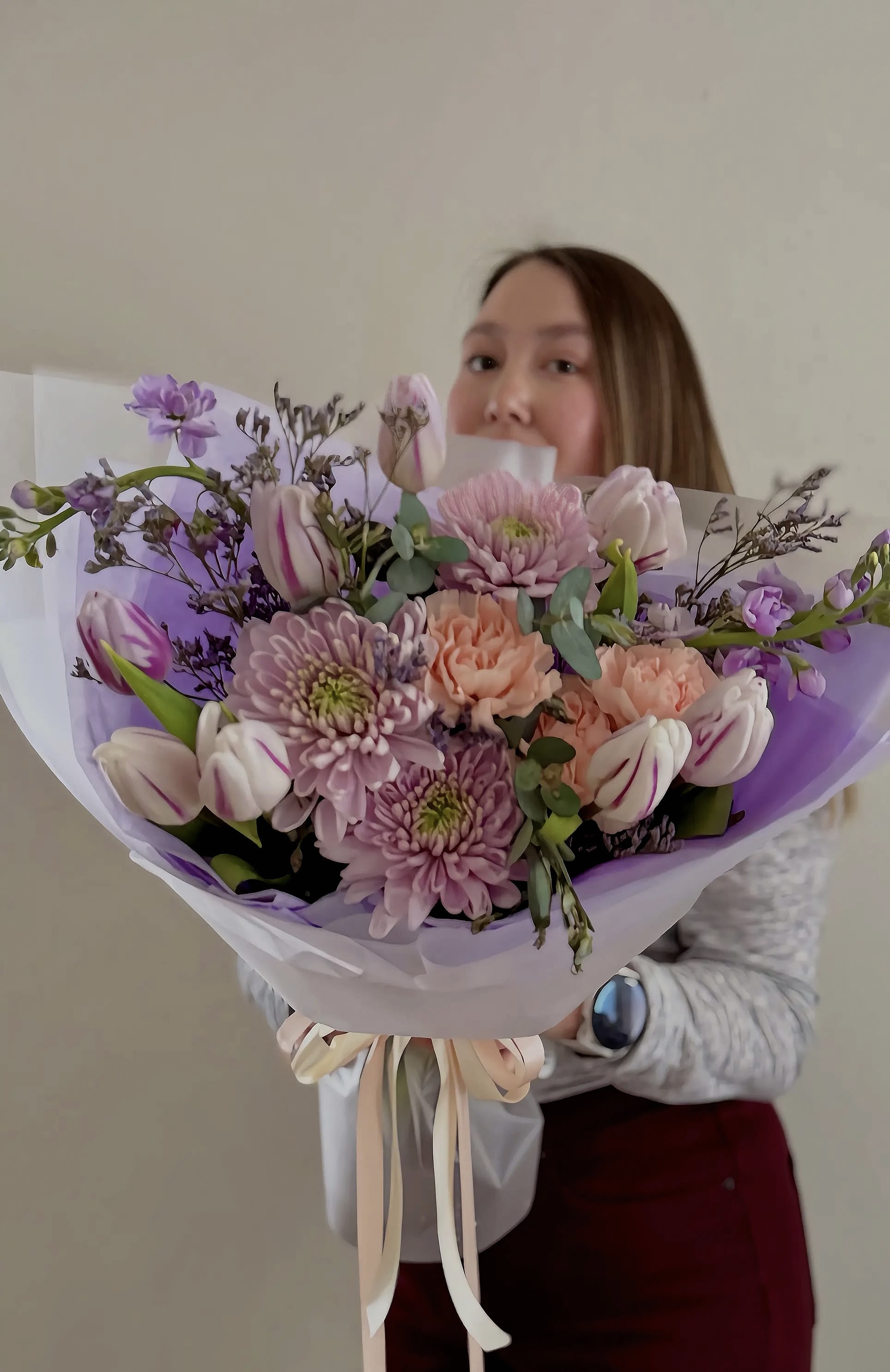 Lavender blush bouquet - A soft and romantic mix of tulips, moms, and carnations in delicate lavender and blush tones. Light, airy, and beautifully wrapped — perfect for birthdays, thank-you gifts, or just because. Fresh, elegant, and ready for delivery.