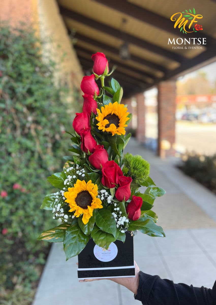 Beautiful  - 9 red  roses, 2 sunflowers , 1 diantus, babys breath, greens on a wet foam and 