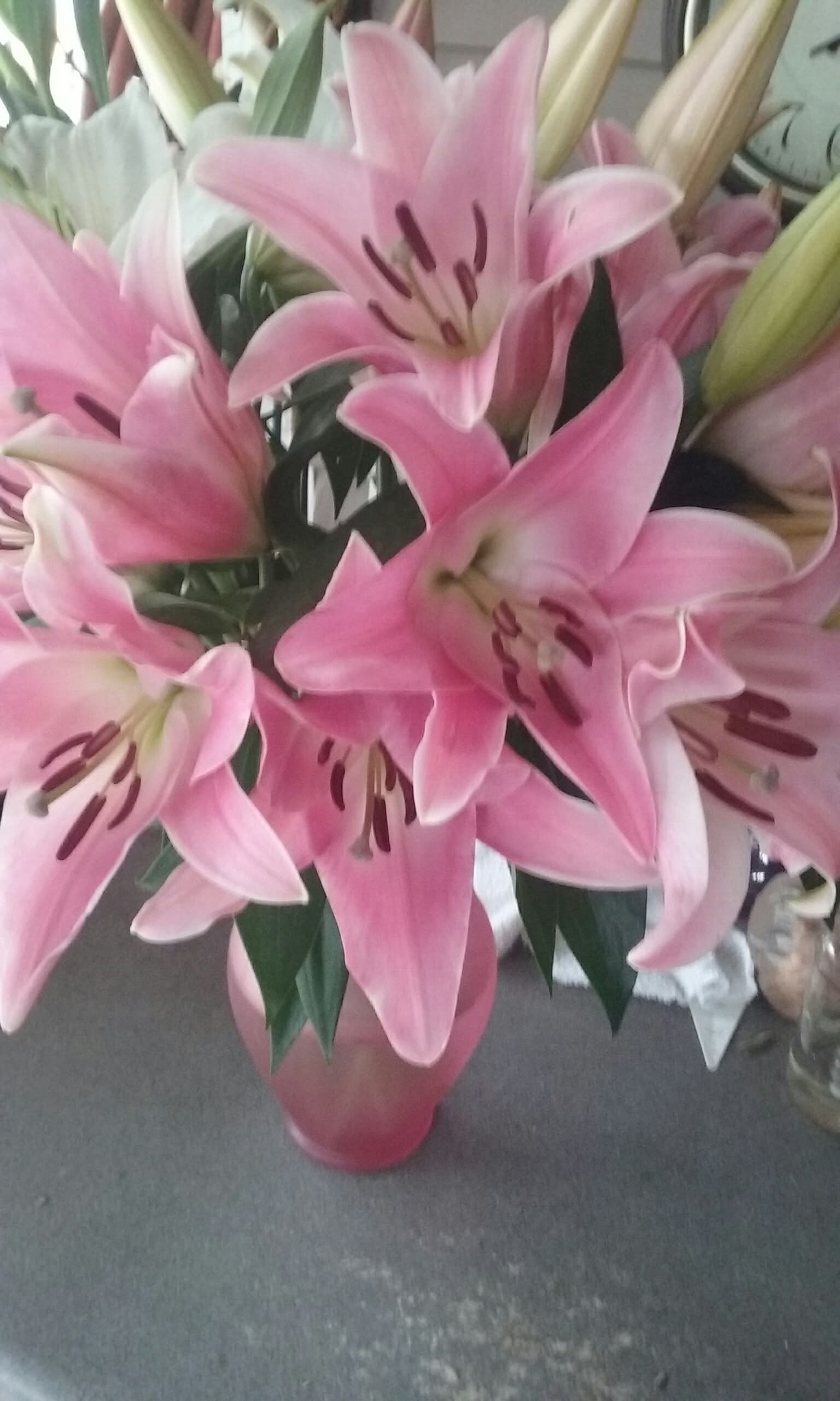 ON SALE Huge Pink Lilies  - Make a splash with a vase of  beautiful pink lilies in a clear vase. Each stem has 2-3 blooms! While supplies last.