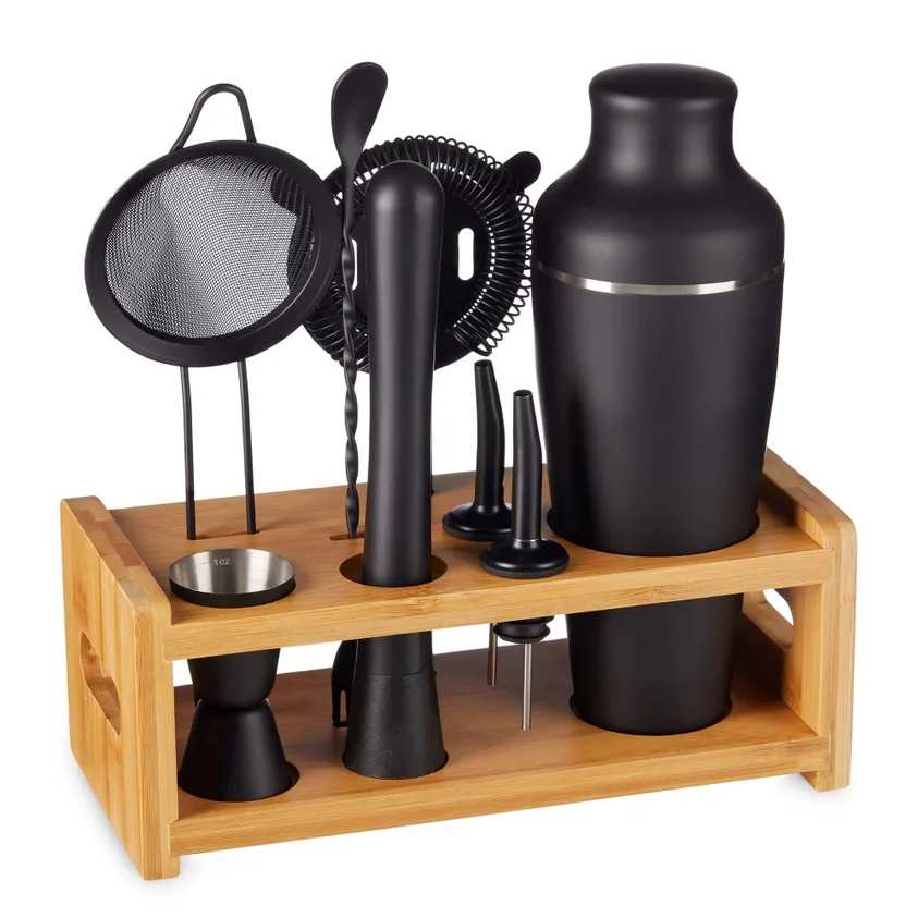 THE BAR- 9-Piece Cocktail Shaker Bartender Kit - Ditch the mundane and opt for sophistication with our striking matte black stainless steel bar set that screams style for your home bar. Showcase your mixology prowess in a beautiful way using the included wooden display stand, effortlessly blending natural and modern aesthetics. Weight: 4 oz (113.4 g) • Dimensions: 3 x 3 x 3 in (7.6 x 7.6 x 7.6 cm)