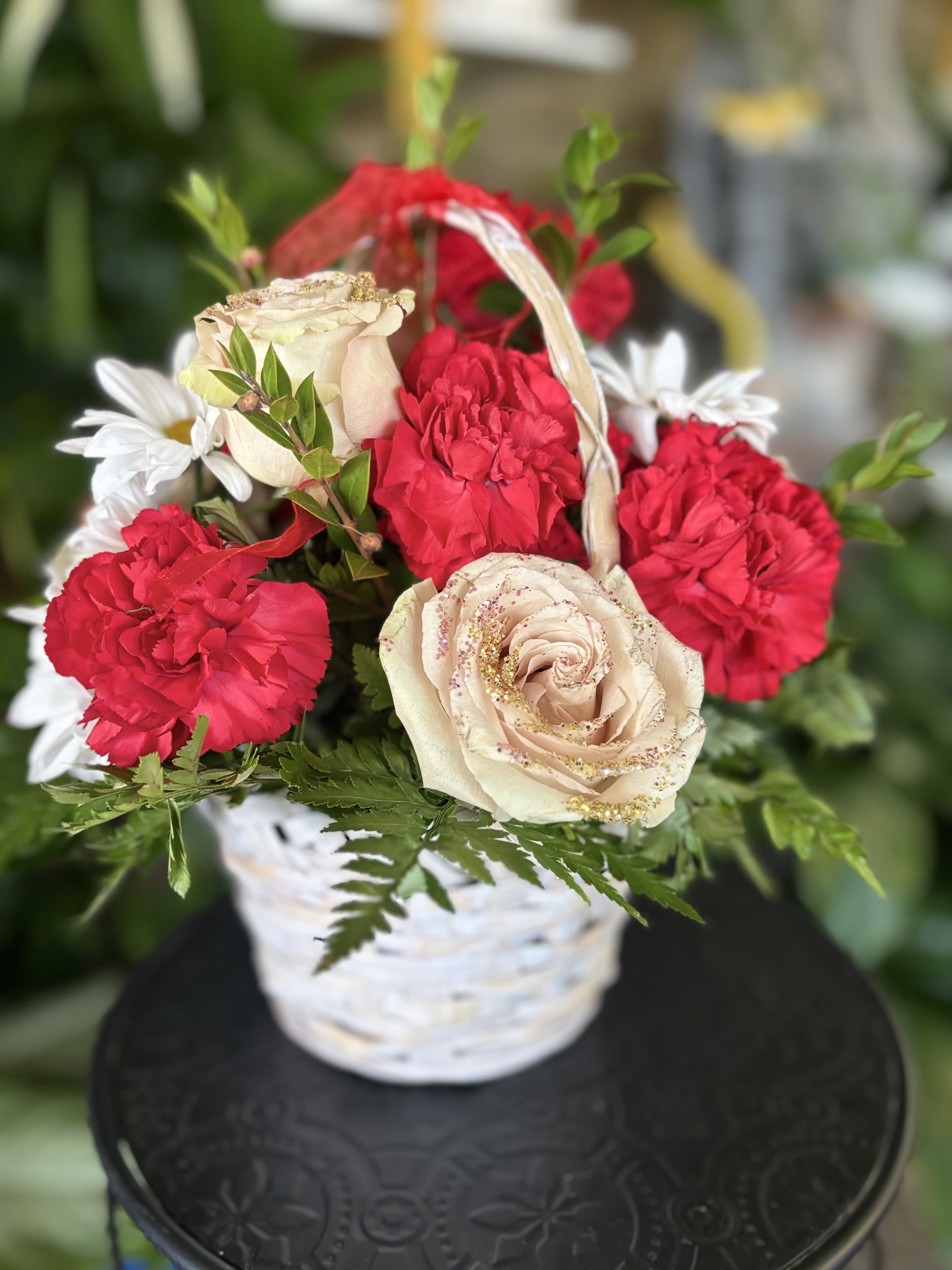 Floral White Glitter Floral  - Fresh flowers in basket 