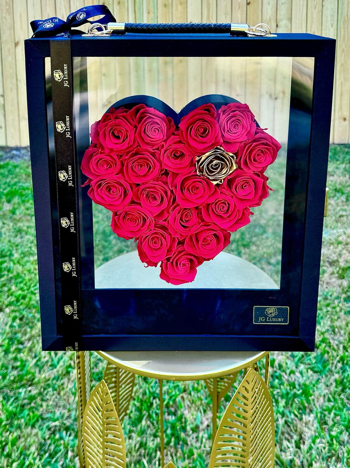 Luxurious Heart - Luxury Collection  - Kiara Preserved Roses are globally renowned for their beauty, longevity, and timeless elegance. Hand-picked at peak bloom, each rose is preserved with advanced techniques to maintain its vibrancy and freshness for up to three years. Known for exceptional quality and luxurious presentation, they make a stunning gift or decorative piece, evoking love, passion, and heartfelt appreciation that will last for up to three years.