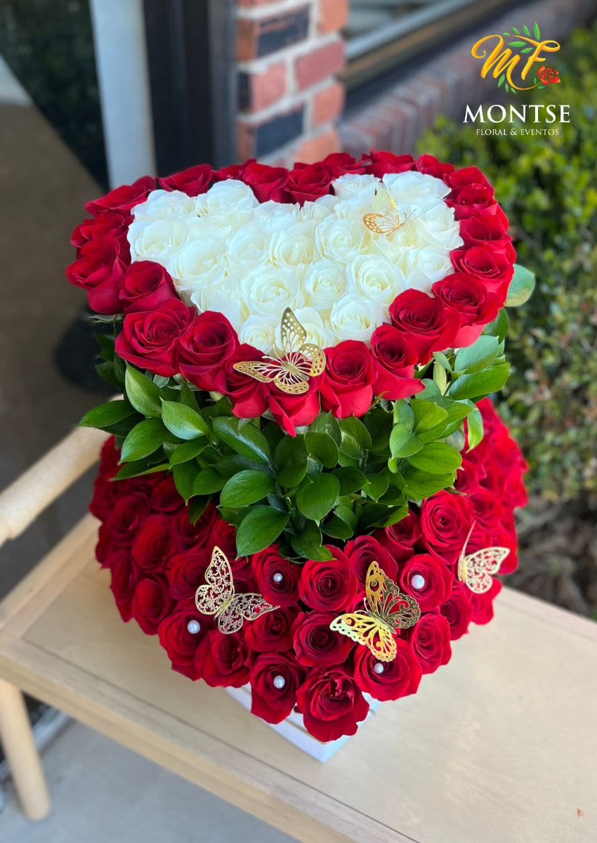 Butterfly- - 75  roses big heartwith greens  on a wet foam , butterflies included 