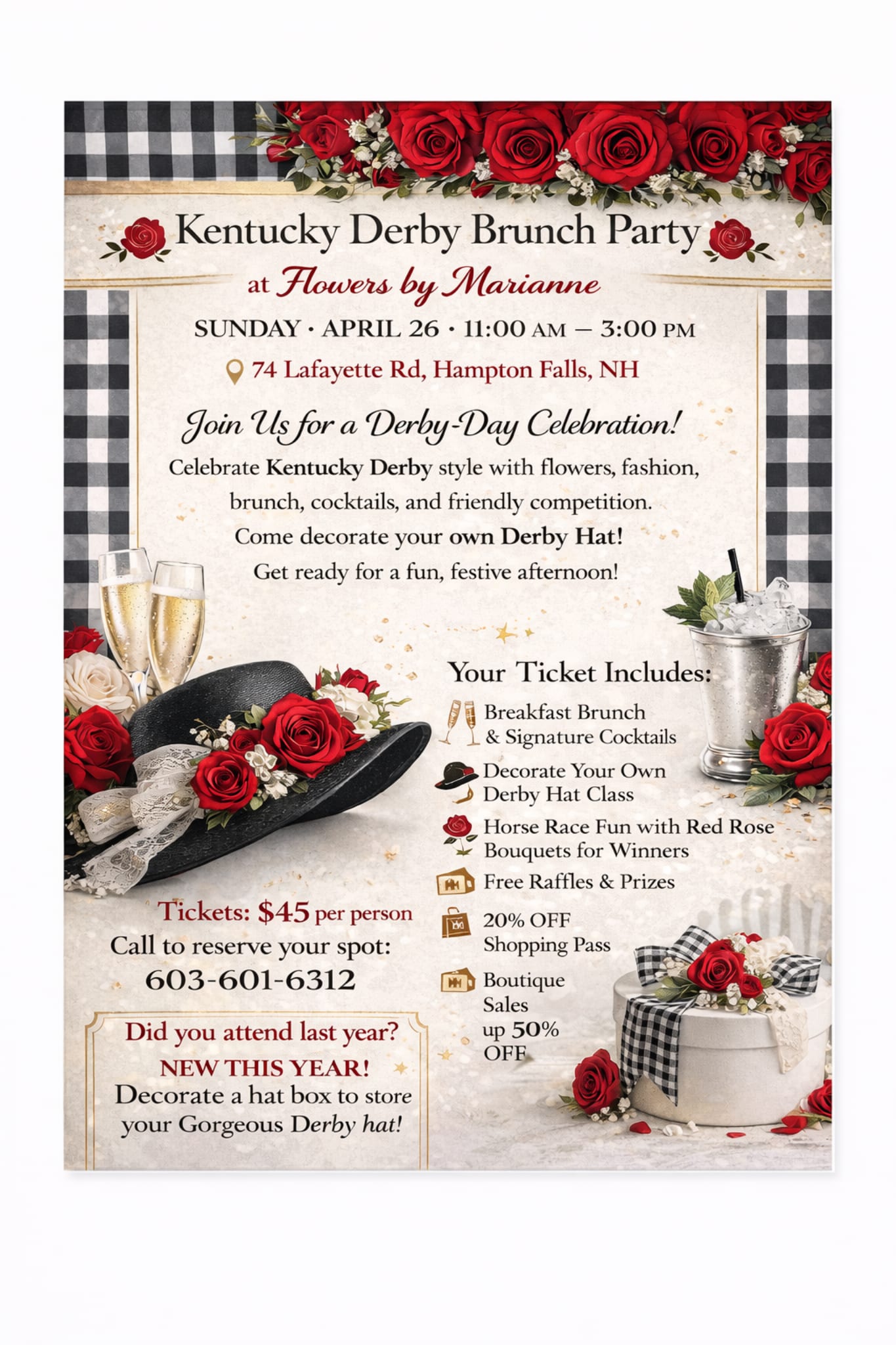 Kentucky Derby Brunch and Hat Decorating Class Ticket - Ticket includes Brunch and Complimentary bar beverage, all materials to make your own hat, games and discount shopping pass.