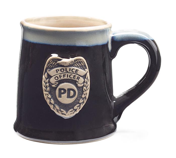 Police Badge Coffee Mug- Black PD Mug - Classic black coffee mug featuring a police badge "PD" design. A thoughtful gift for law enforcement supporters. It's durable, practical and great for the office. 