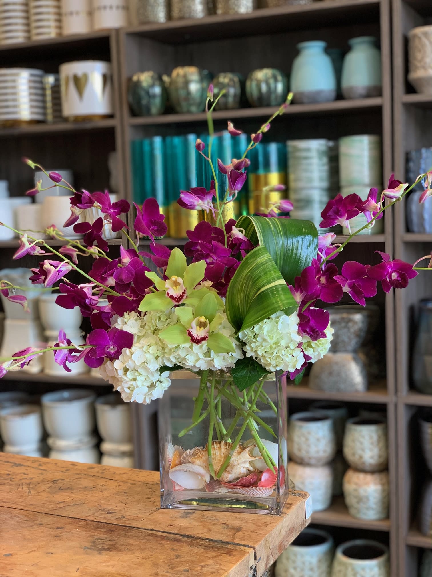 Beach~side orchids  - A striking arrangement presented in a unique shell-lined rectangular vase, overflowing with vibrant purple dendrobium orchids, luxurious cymbidium orchids, and soft white hydrangeas. Ty leaf accents add a sophisticated tropical touch, making this design a true statement of refined beauty.  