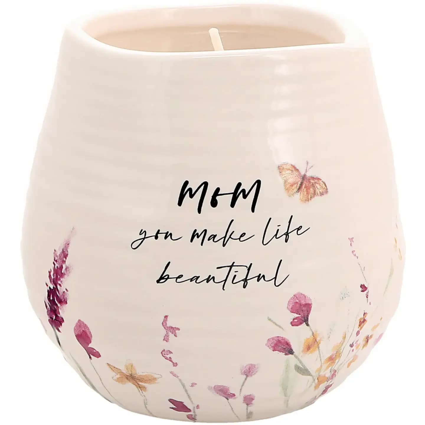 Mom - 8 oz - 100% Soy Wax Candle Scent: Tranquility - Organic wave-shaped handmade pottery feels stoneware vessel with 100% cotton single wick, lead, and nickel-free. The wax is tranquility scented and burns for up to 33 hours. Three foam feet pads are attached to the bottom of the relaxing candle to protect furniture surfaces. Measures 3.5" x 3.5" inches tall, holding 8 oz of 100% soy wax. Packaged safely in a die-cut box with a protective plastic wax cover. Pink, yellow, and purple watercolor paint-inspired floral patterns with a yellow butterfly are accompanied by the "Mom You Make Life Beautiful" glossy sentiment decal on the front side of this shiny ribbed cream vessel. The artwork was designed by artist Amy Lee Weeks, who sees the beauty in everyday life. Wipe with a damp cloth. Always take care around an open flame - keep away from pets &amp; children. Once the candle has burned out, repurpose it as a keepsake dish in the office, bathroom, or bedroom to hold small items such as paper clips, bobby pins, jewelry, coins, and more!   