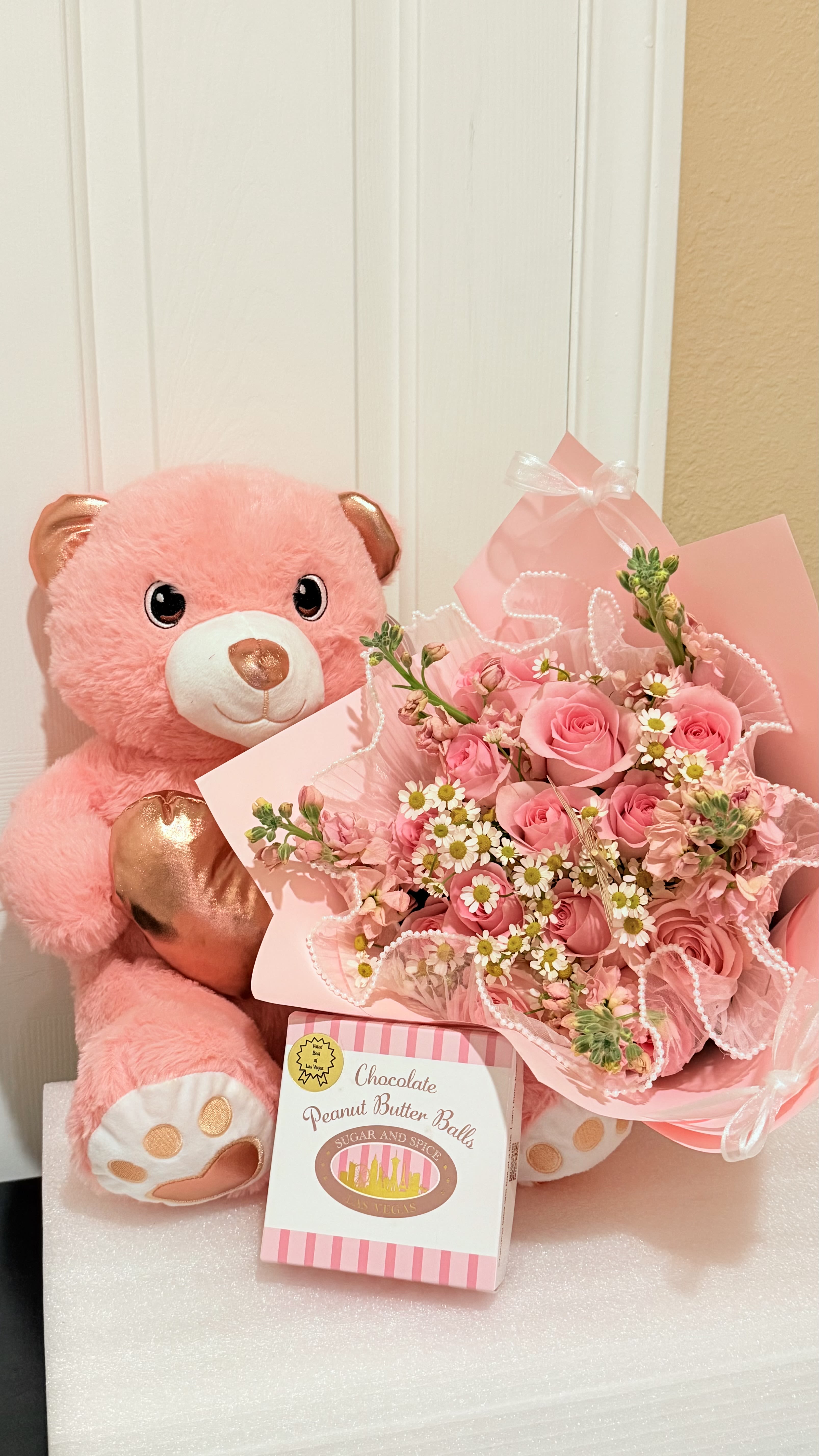 All My Love  Collection - Soft, sweet, and irresistibly romantic, the Blush Romance Valentine Bundle is a dreamy expression of love. This arrangement features delicate 12  pink roses and seasonal blooms wrapped in elegant blush tones, accompanied by a cuddly plush teddy bear and decadent chocolate treats. A perfect Valentine’s Day gift for someone who loves gentle beauty and heartfelt gestures.