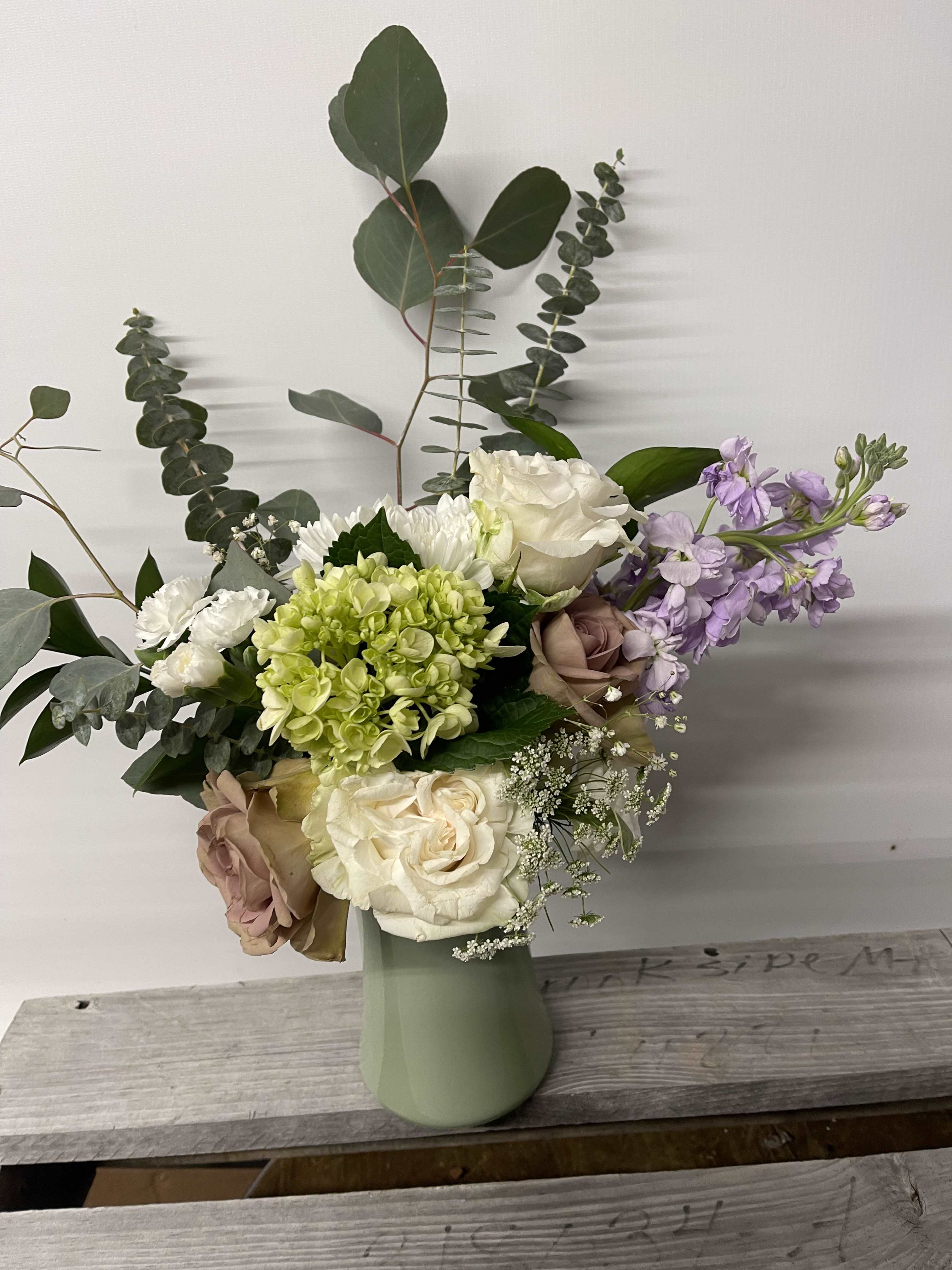 Savannah vase -  Roses, hydrangeas, stock, eucalyptus 