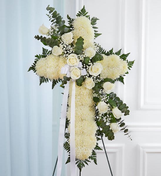 Peace and Prayers Standing Cross In White - Standing cross arrangement of white football mums and roses; accented with baby’s breath and soft, lush greenery