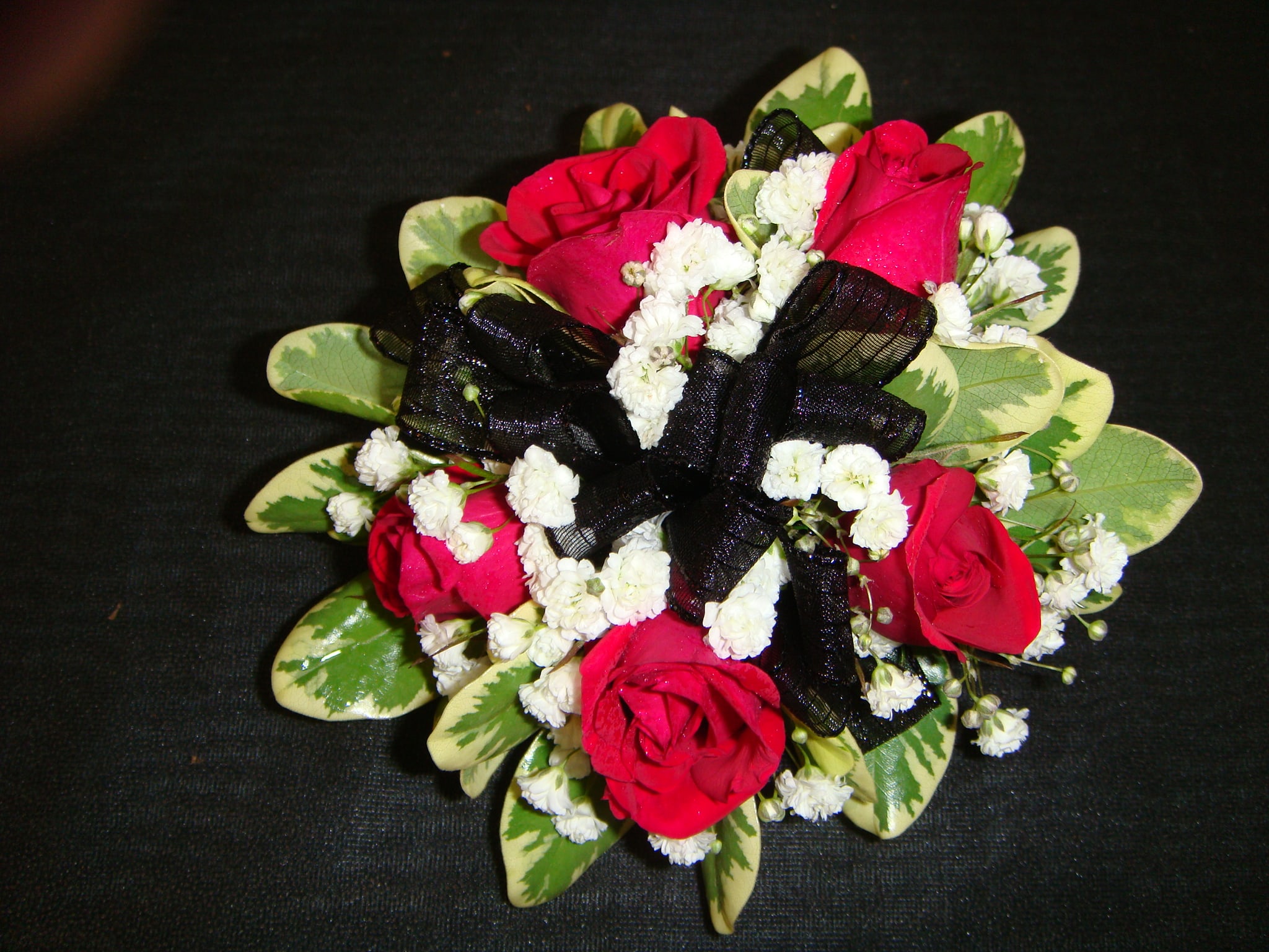 Wrist Corsage Of Red Spray Roses With Black Sheer Ribbon - Red Spray Rose wrist Corsage