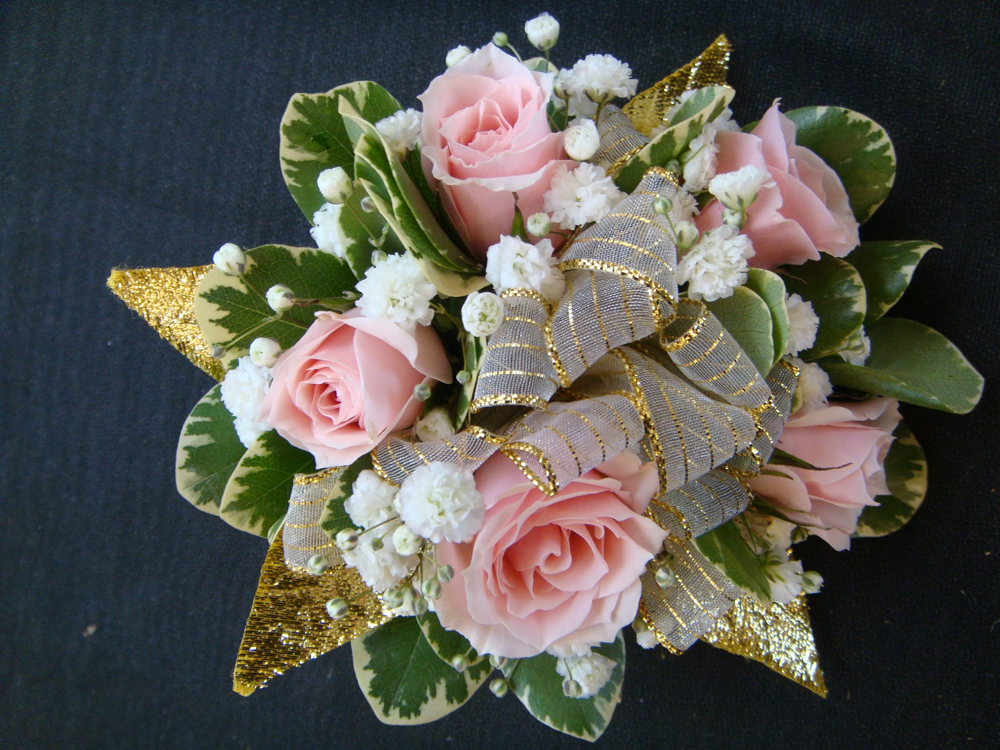 Wrist Corsage Of Pink Spray Roses Accented With Gold Leaf &amp; Babies Breath - Corsage Of Pink Spray Roses Accented With Gold Leaf &amp; Babies Breath
