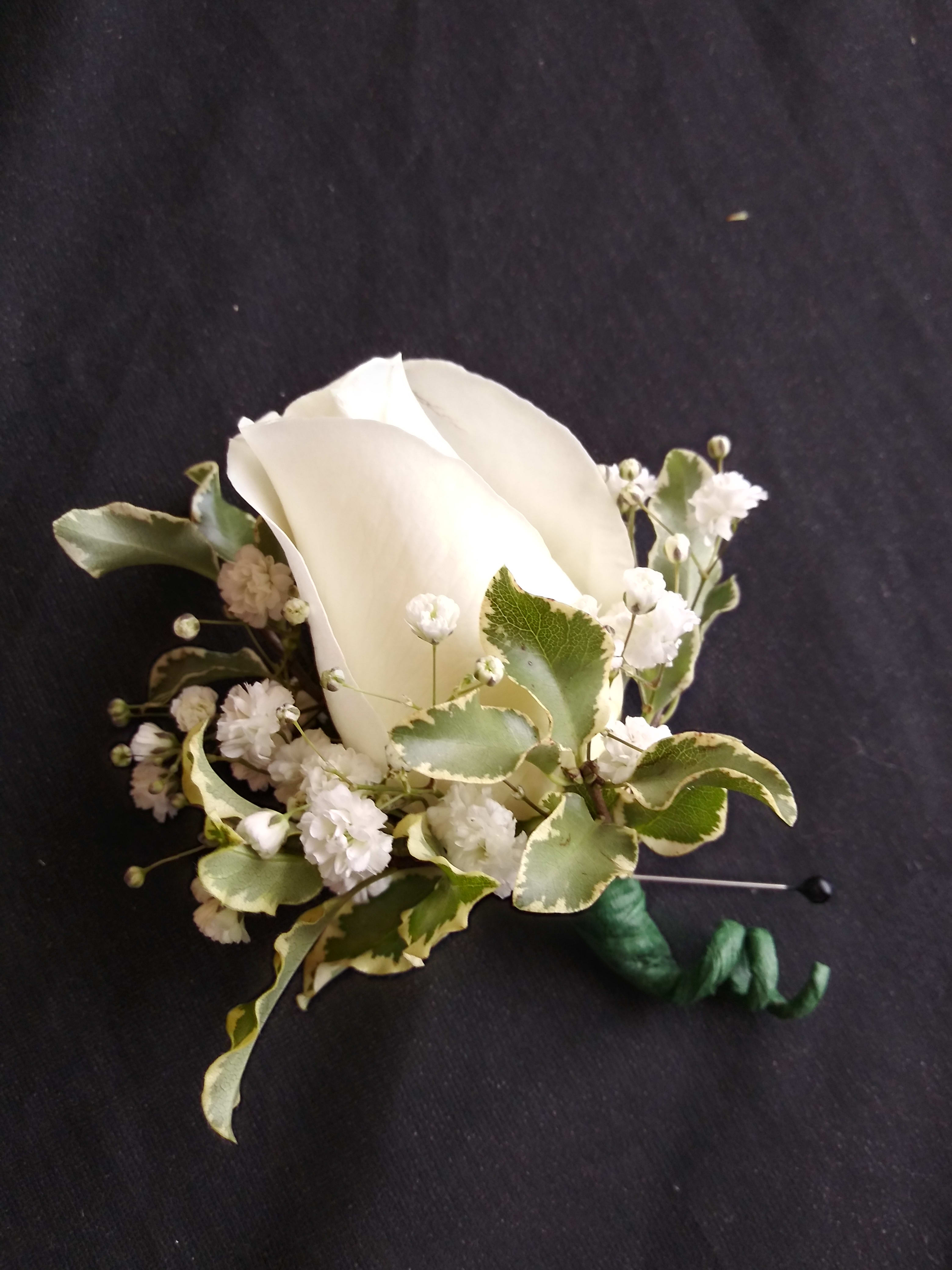 Boutonniere White Rose (Regular Size Rose) - White Rose Boutonniere