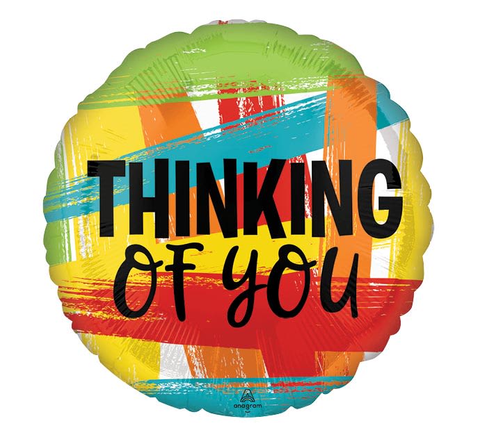 "Thinking Of You" Painted Lines Mylar Balloon - An 18" foil balloon, inflated with helium and tied with a curly ribbon. Colors may vary. 