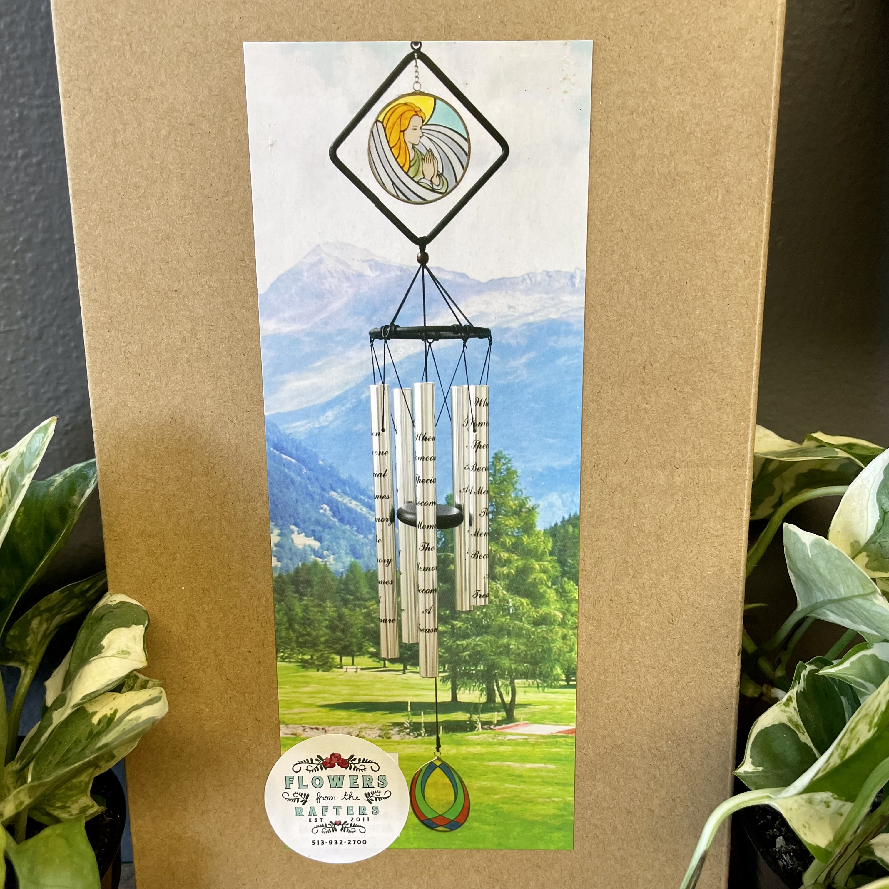 Wind Chimes - Angel - Double stained glass wind chimes with words of sympathy on the metal tubes. 36" long. Chimes can be displayed on a heavy duty 48" metal chime stand. Upgrade to deluxe for chime stand display.