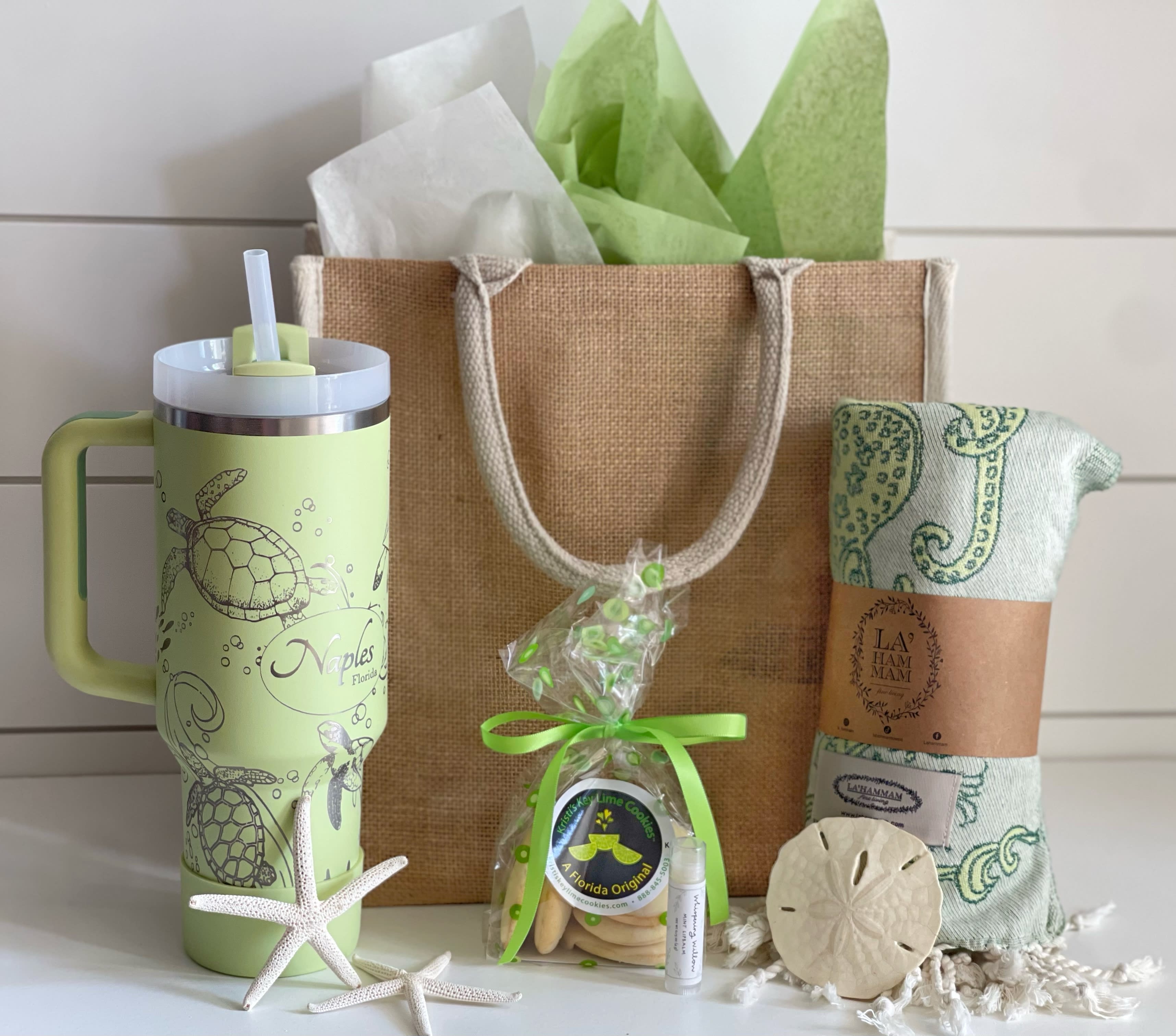 Naples Turtles-Stanley Tumbler Gift Bag - Stanley Adventure Quencher 40 oz tumbler custom engraved with Naples Florida and turtles &amp; sea life -Turkish beach towel -Whispering Willow organic lip balm -Kristi’s Key Lime Cookies, 1/4 lb. bag, a Naples original. Vanilla cookies smothered with decadent key lime topping… totally addicting! Kristi’s Key Lime Cookies were featured in the Daytime EMMY® Awards Swag Bags in Hollywood CA and the News &amp; Documentary Emmy® Award Swag Bags in New York City. -all in a beach burlap tote bag
