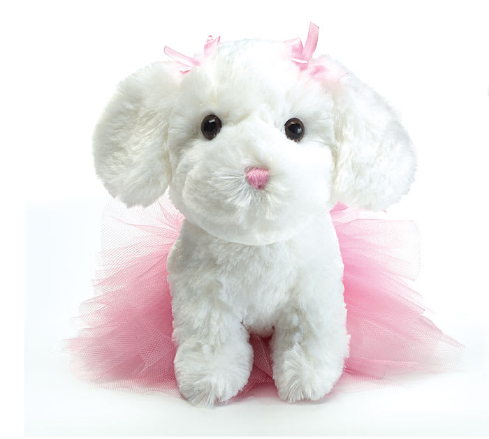 PINK TUTU PUPPY PLUSH - White puppy plush wearing pink tutu and pink bows over the ears. Includes easy tie ribbon loop.  9 1/2" H sitting  She is the perfect gift for Valentine's Day or any day of the year!