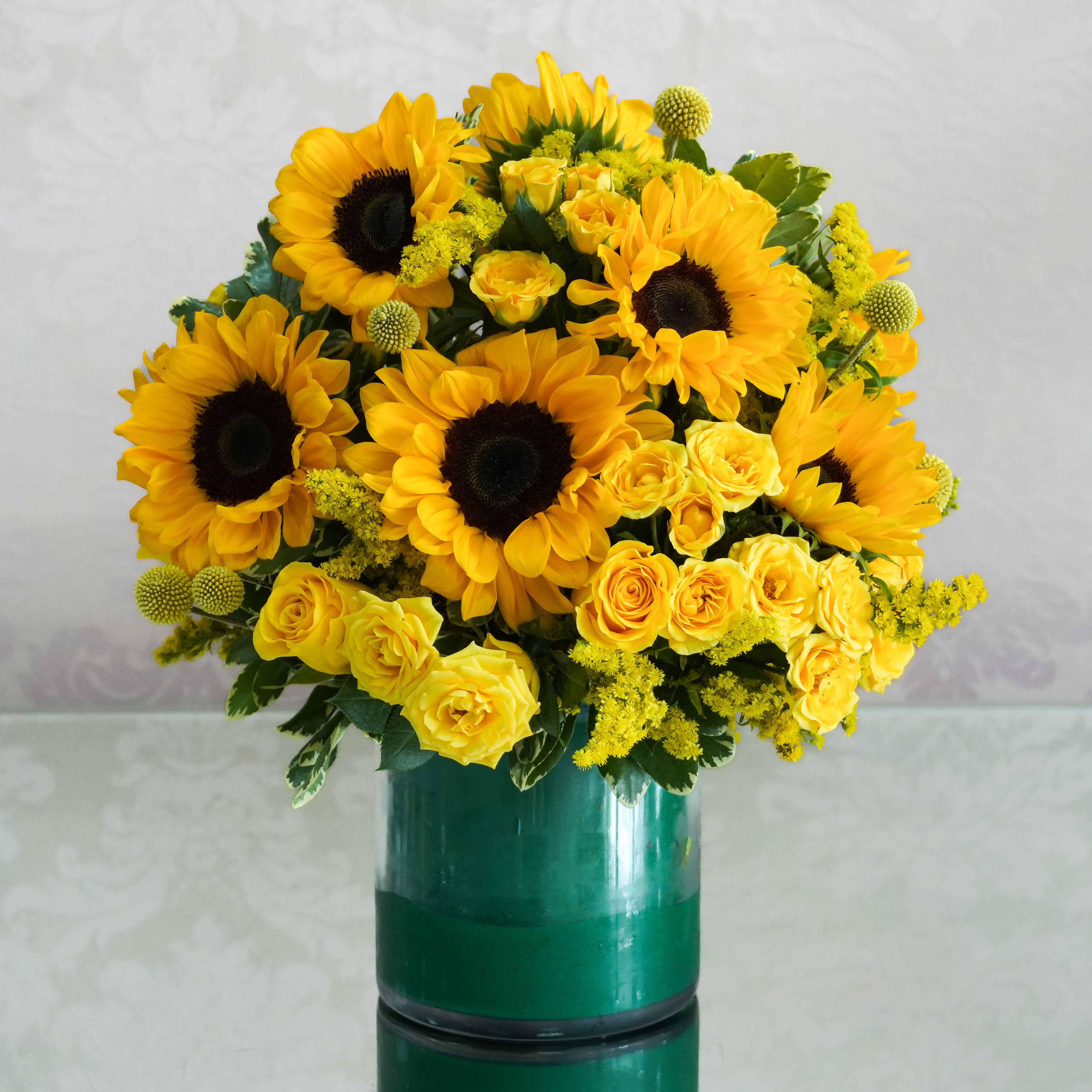 Sunflower &amp; Roses bouquet by Atlanta's Finest Flowers  - Sunflowers , roses ,yellow craspedia , spray roses , aster 