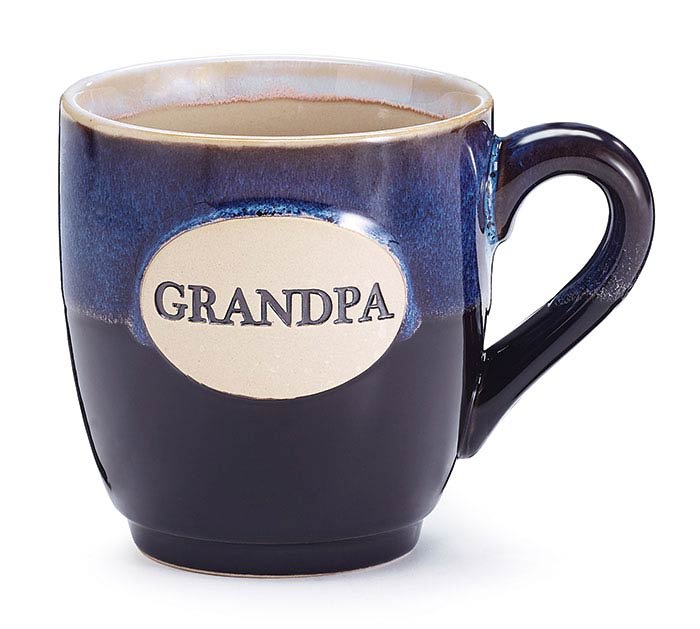 GRANDPA Mug - NOT AVAILABLE FOR DELIVERY UNLESS AS AN ADD-ON.. STORE PICK UP OR LOCAL DELIVERY ONLY.  Details: Dishwasher safe/FDA approved/Microwave safe. Hand-painted porcelain mug with blue fading into black. A raised oval area on the front with "GRANDPA" inscribed on the front. Individually gift boxed.  4 1/4"H X 3 1/2"Opening and holds 16oz.