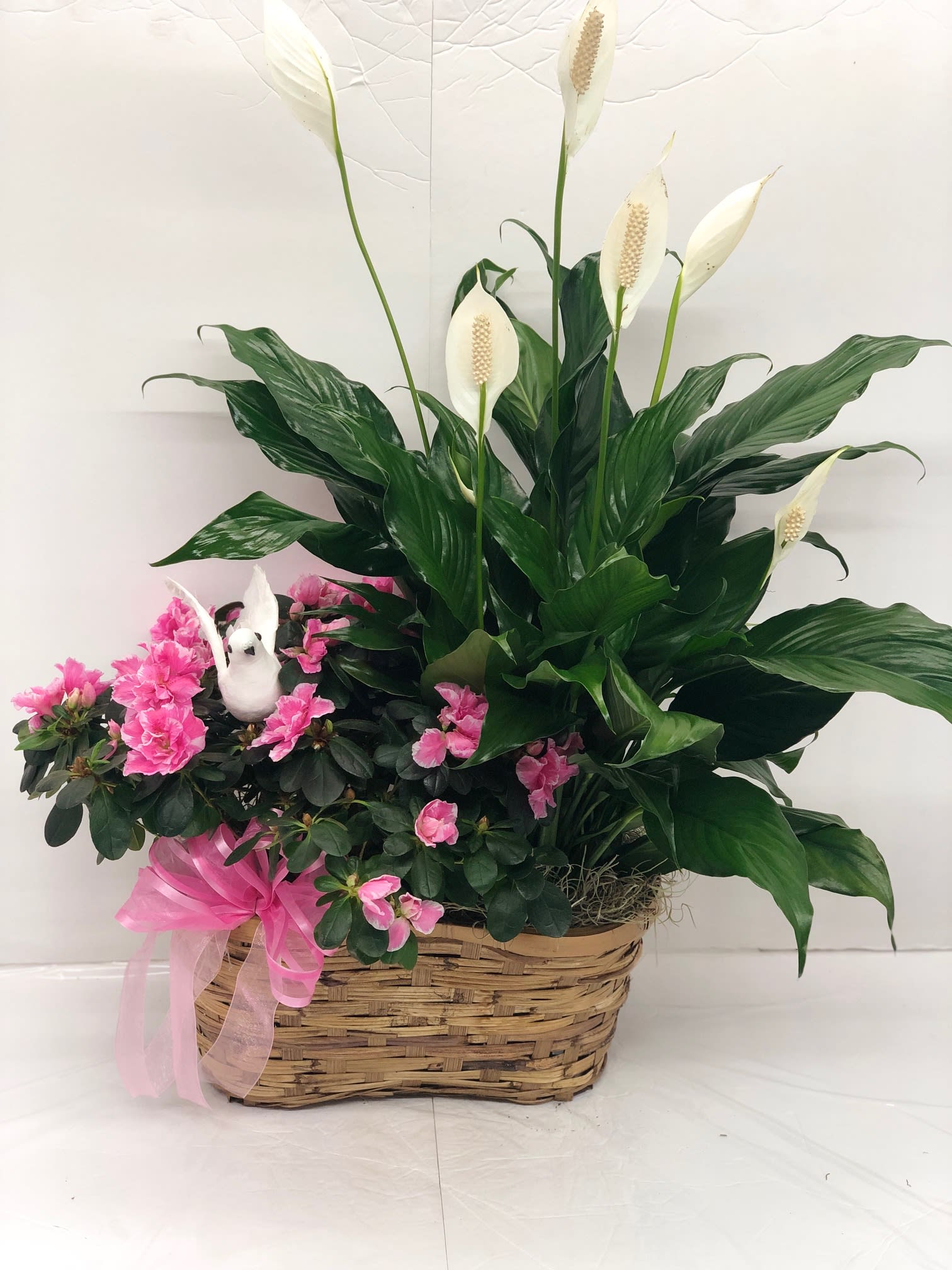 Azalea Peace Lily Planter - Double Basket with Peace Lily and Azalea Approx. 20' H x 24' W   FCS-030