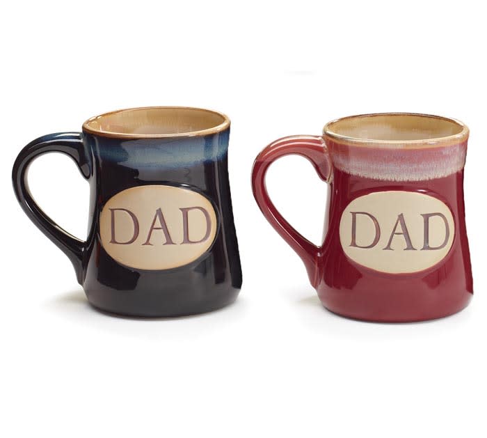 DAD MESSAGES PORCELAIN MUG - Details:  Dishwasher safe/FDA approved/Microwave safe.  Porcelain handpainted navy and burgundy Dad mugs. Front says"Dad" Back says either "A three letter word for Hero" or  "Someone to look up to no matter how tall you grow".  Individually boxed. SOLD OUT NAVY  18 oz 4 1/2"H x 3"Opening.