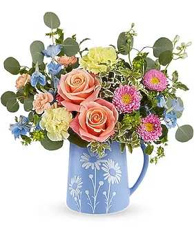 DAISY DREAMS - KEEPSAKE PITCHER FILLED WITH SPRING FLOWERS INCLUDING ROSES, ALSTROMERIA, DAISYS AND DELPHENIUM 