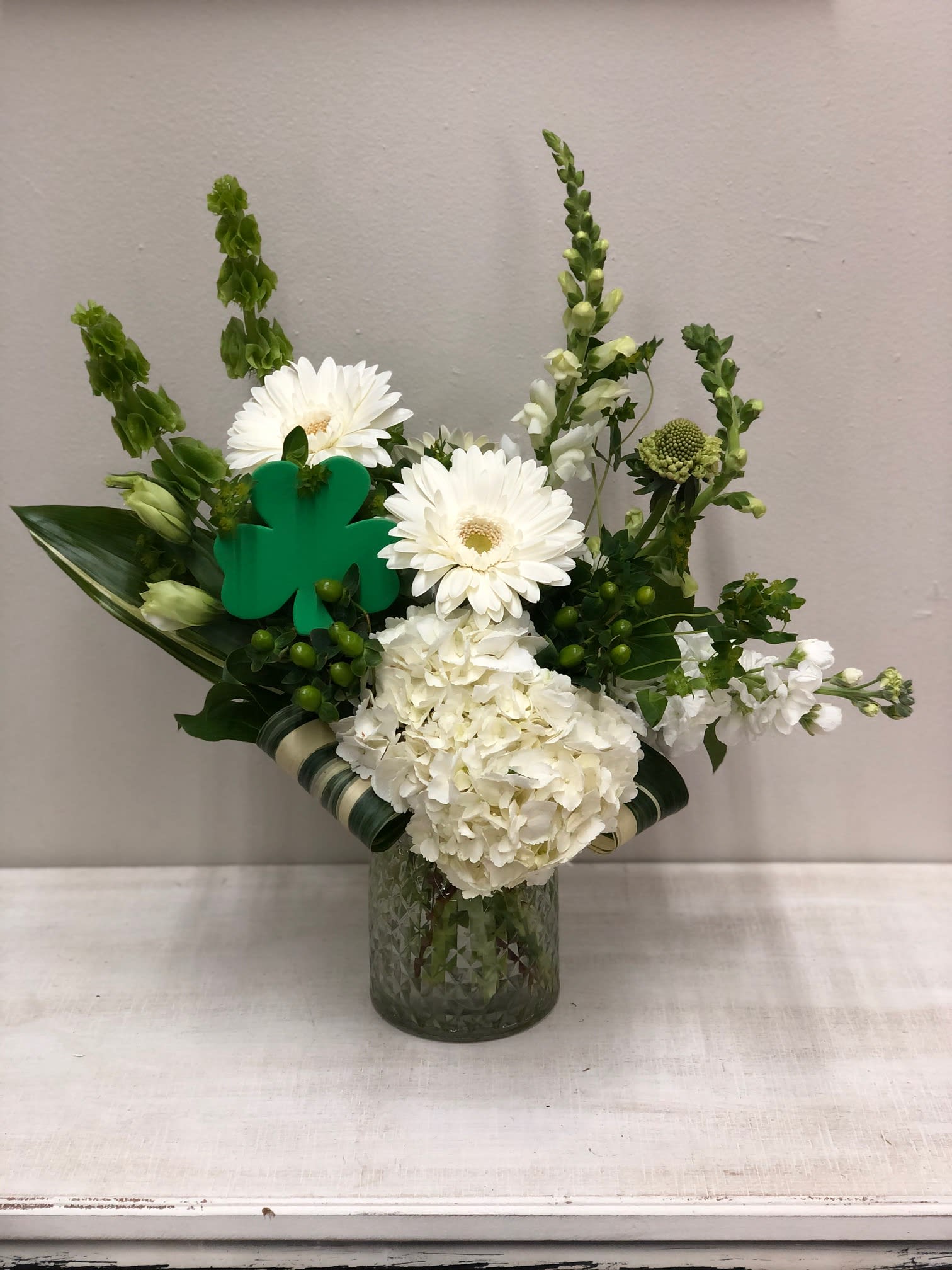Lucky One Bouquet - Bells of Ireland, green hypericum, hydrangeas, lisianthus, stock and snapdragons arranged together, sprinkle a little bit of luck and you have a wonderful arrangement