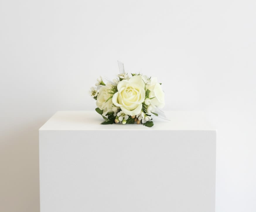  White Rose Wrist Corsage (REQUIRES 48 HOUR NOTICE) - A classic white corsage hand-made that compliments any outfit. A beautiful addition to any prom, formal, or wedding event. 