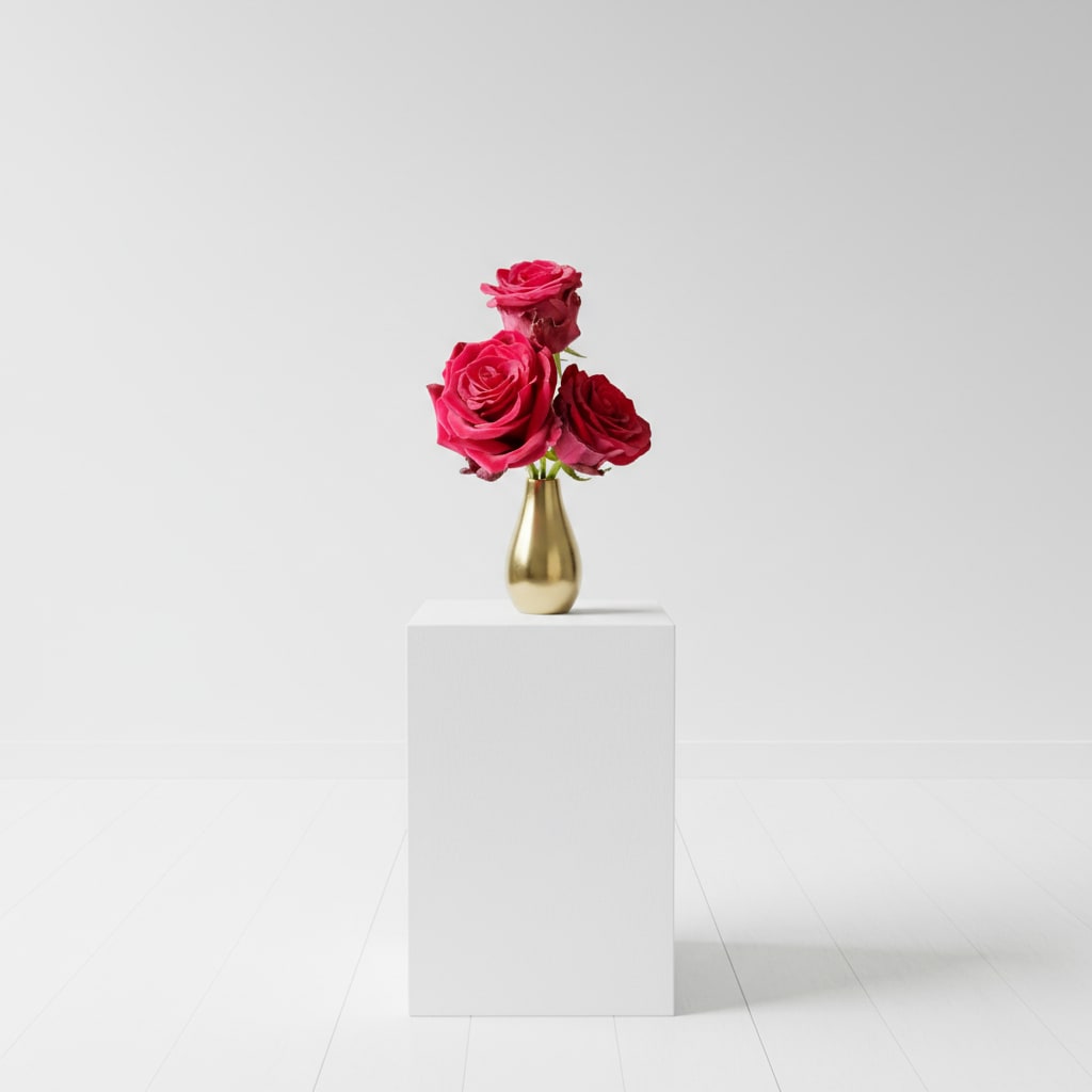  Simplicity - This simple but elegant bud vase will be the perfect gift for new love. Gold ceramic bud vase with three premium red roses. Perfect for an office desk or small countertop. 