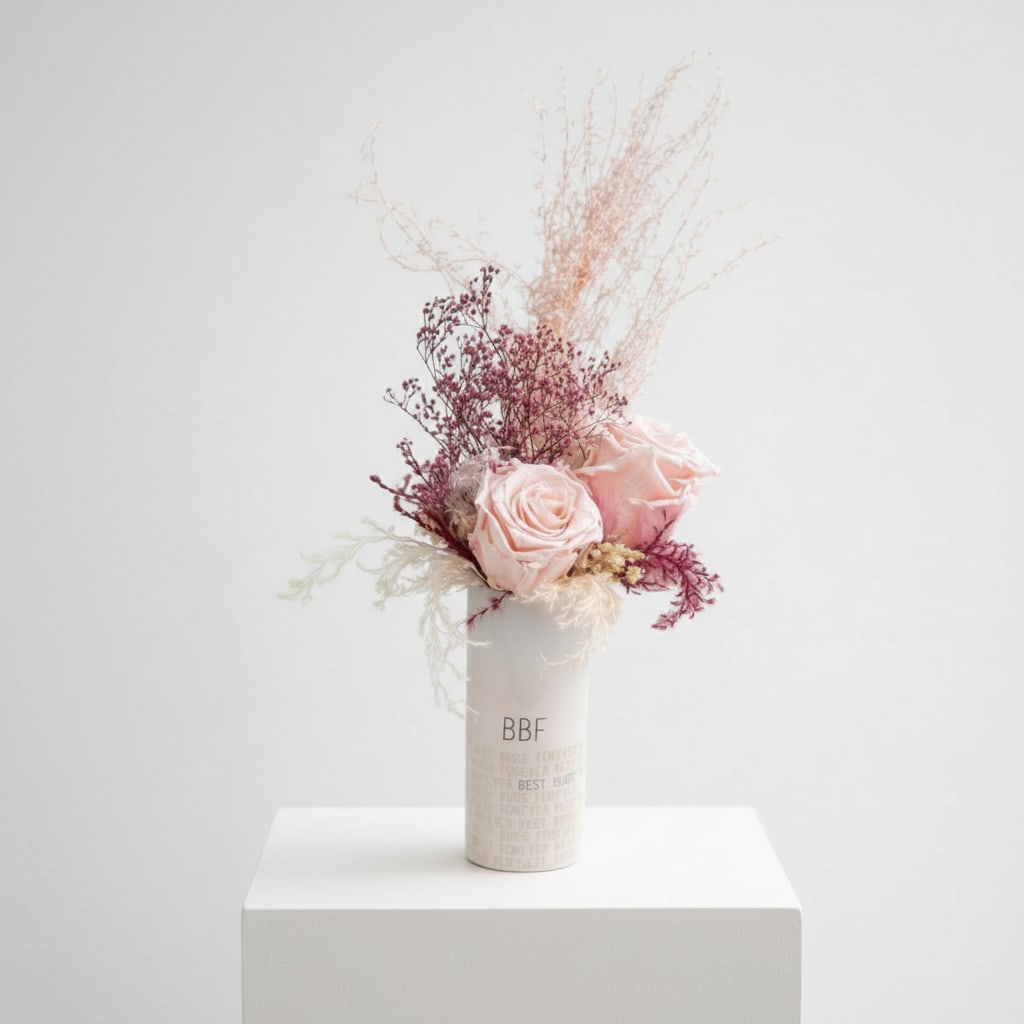 Forever Best Buds Arrangement - Celebrate the beauty of friendship and lasting love with our Forever Best Buds™ design. This charming keepsake features soft blush preserved roses paired with delicate dried textures in romantic berry and ivory tones, thoughtfully arranged in a modern ceramic vessel.  Designed to last for months (or longer) with no water or maintenance, this petite arrangement is perfect for desks, nightstands, or small spaces that deserve a touch of beauty. A meaningful gift for best friends, birthdays, Galentine’s, or simply to remind someone they’re loved.  Details • Preserved roses &amp; premium dried florals • No watering required • Long-lasting design • Compact, keepsake size – perfect for small spaces  A sweet reminder that some friendships — and beautiful moments — are meant to last forever. 