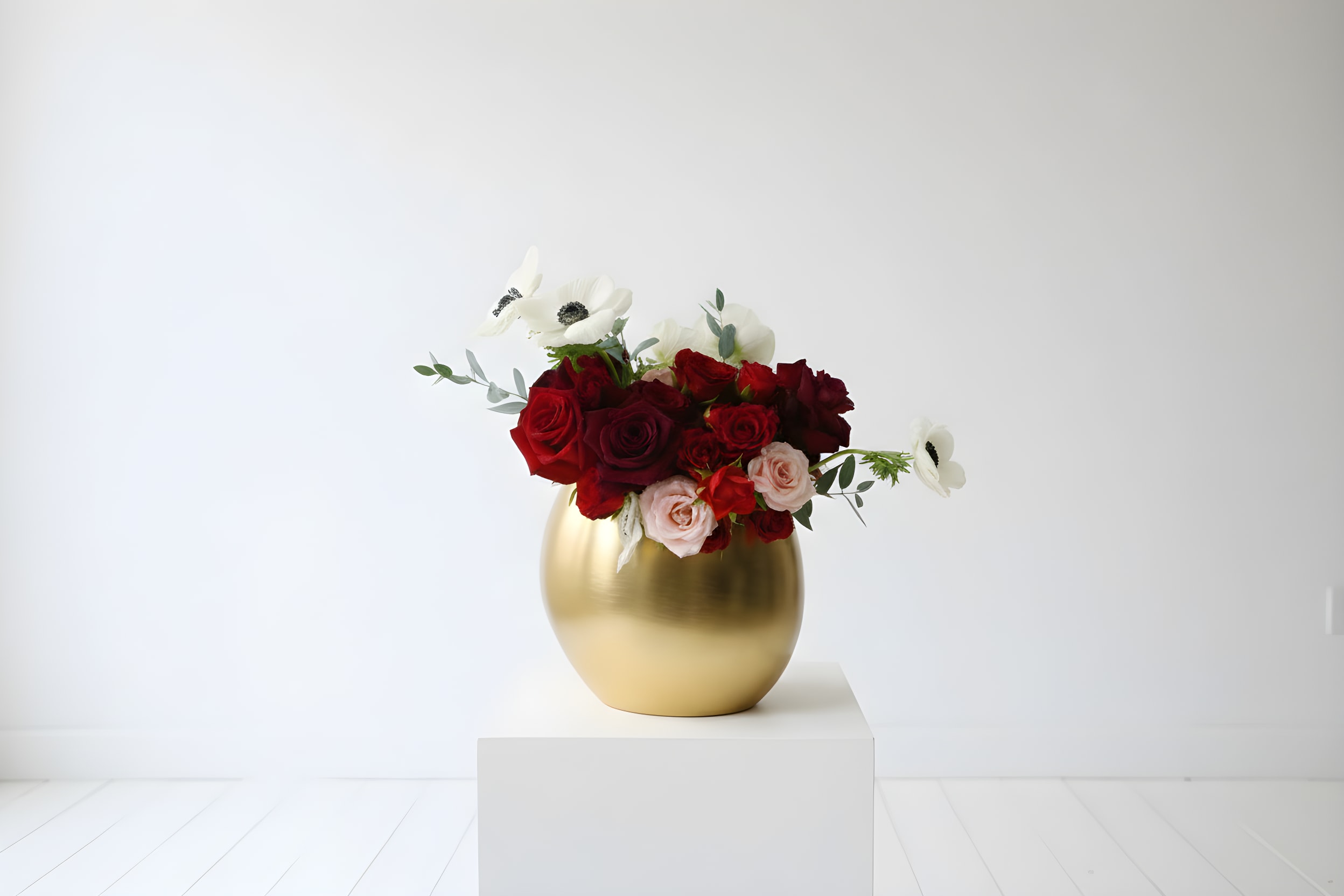 Golden Romance  - Golden Romance is a timeless expression of love and elegance. Designed in a modern gold keepsake vase, this romantic arrangement features a lush blend of rich red roses, soft blush accents, delicate spray roses, and striking white anemones, finished with touches of fresh greenery.  Perfect for Valentine’s Day, anniversaries, or any moment that deserves something truly special. The gold container adds a luxurious touch and can be reused as a beautiful décor piece long after the flowers are enjoyed.  Approximate size: Compact luxury design Vase: Gold keepsake container 