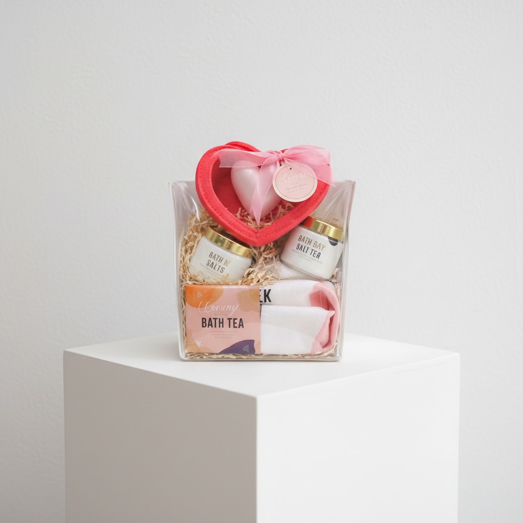 Sip &amp; Soak Self-Care Set - Unwind, relax, and indulge in a moment of well-deserved self-care. The Sip &amp; Soak Self-Care Gift Set is thoughtfully curated to create a cozy, spa-like experience at home—perfect for Valentine’s Day, Galentine’s, or a meaningful “just because” gift.  This beautifully packaged set includes comforting essentials designed to soothe the body and uplift the spirit, making it ideal for gifting or treating yourself.  Includes: 	•	Cozy affirmation mug with plush socks 	•	Nourishing body butter 	•	Relaxing bath salt 	•	Luxe bath bomb 	•	Soothing bath tea with wooden scoop  Arrives gift-ready and perfect for anyone who deserves a moment to pause, sip, and soak.  Because rest is a form of self-love. 