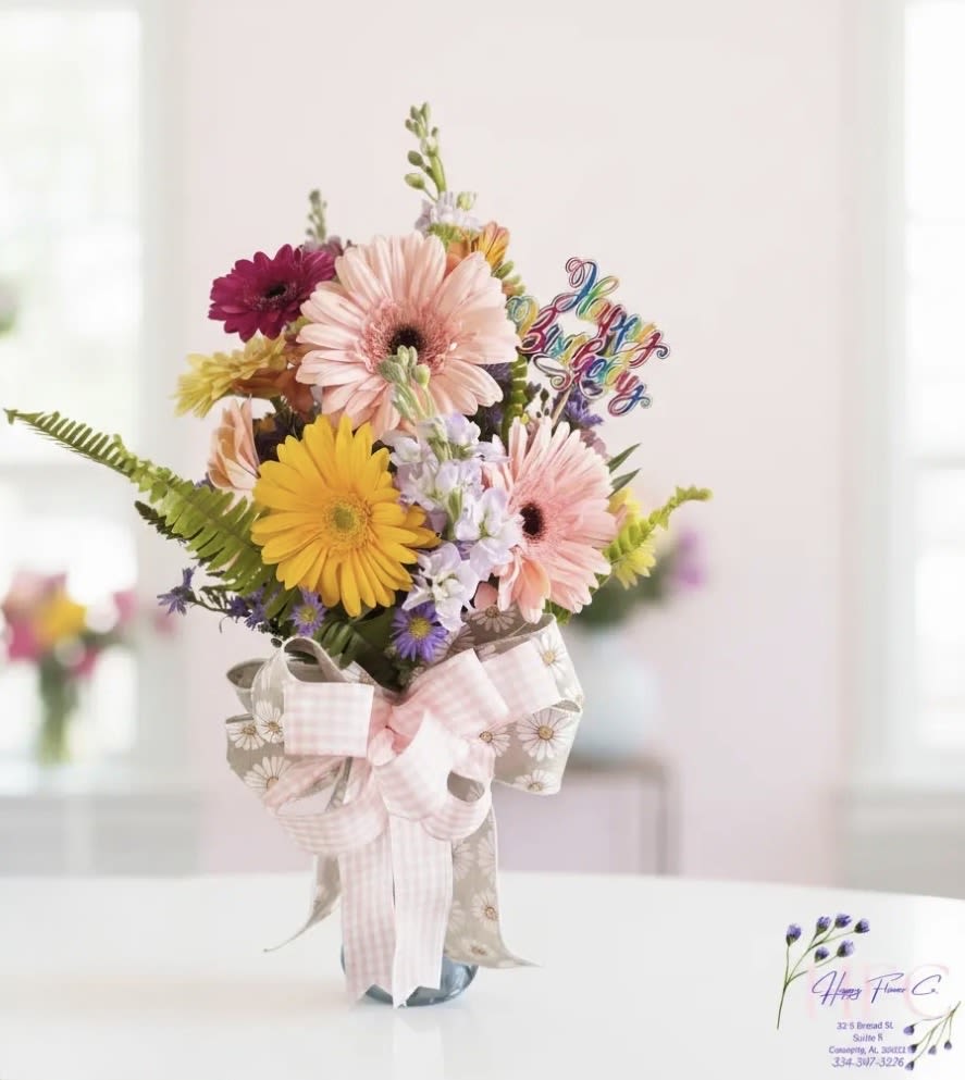 Spring time dreams - Gerber daisies (colors may vary) stock, alstros, sword fern and leather leaf