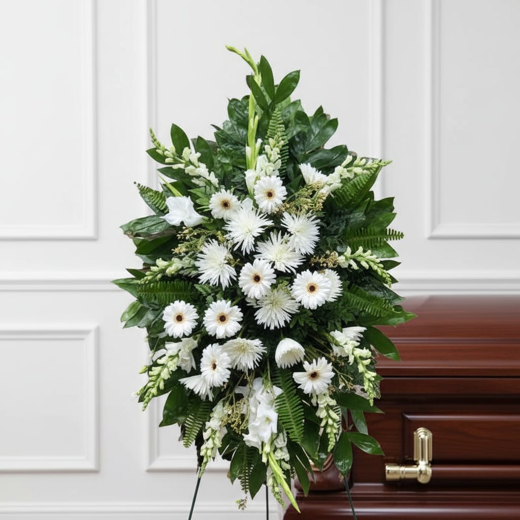 All White Funeral Stand - Pay your last respects to a departed friend or loved one's family with a uplifting floral standing spray. The natural beauty of each flower offers comfort to all in attendance. Let Anointed Flowers &amp; Gifts help you choose the right standing funeral spray for your final tribute. If you would like something more personalized, give us a call or stop by our location in Jackson.