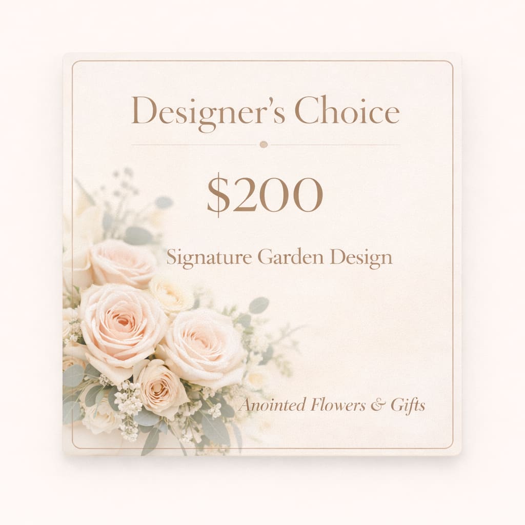 Designers Choice $200 - A lush, garden-inspired arrangement featuring an elevated selection of premium blooms and refined design details. This Designer’s Choice offers depth, movement, and luxurious texture, artfully arranged to create an impressive and memorable floral presentation. Florals are selected based on season and availability.  Thank you for shopping our website!!