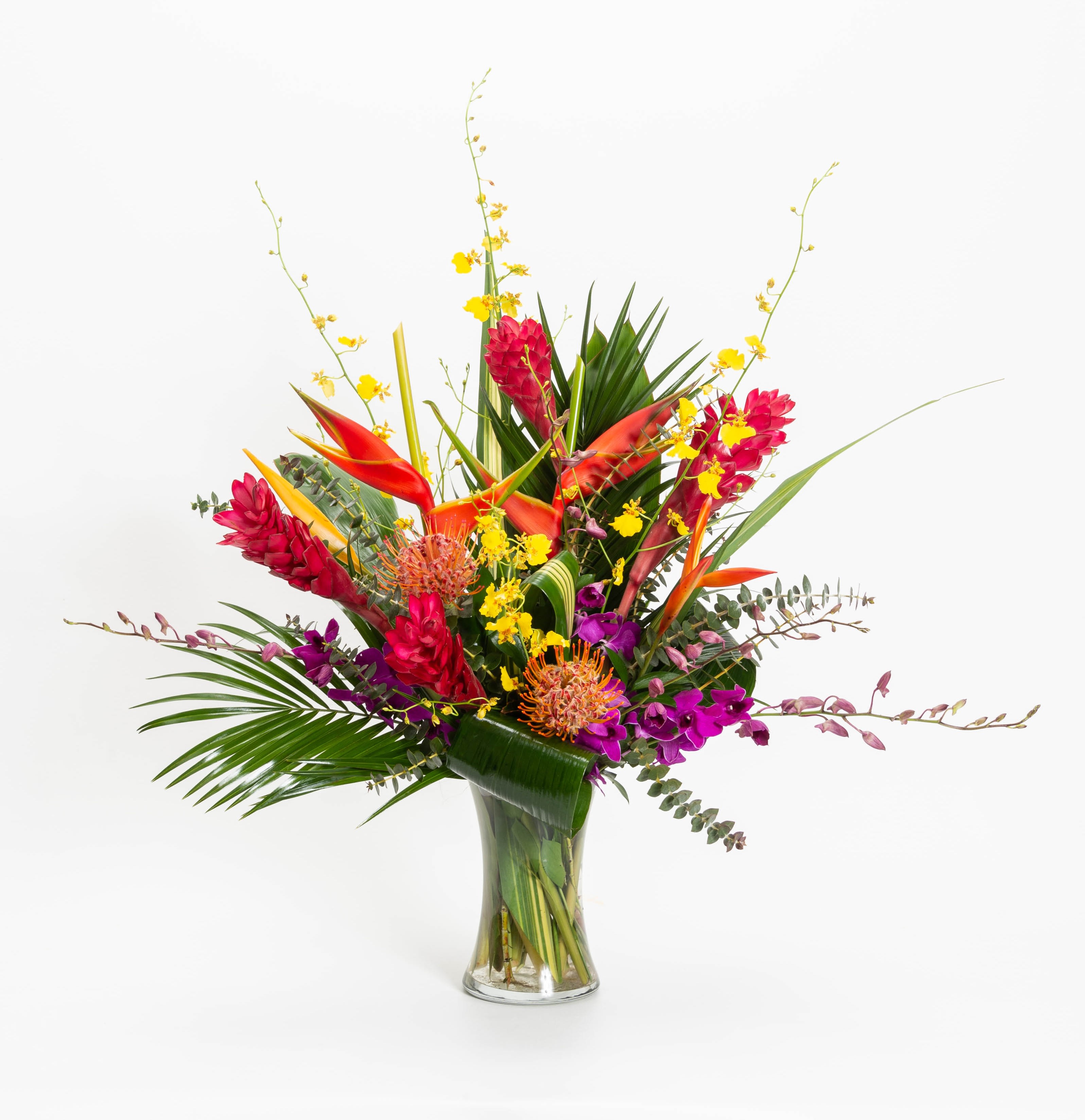 Tropical Scene - A tall tropical vase with ginger, oncidiums, heliconia, orchids, parakeet's, and assorted greens. 